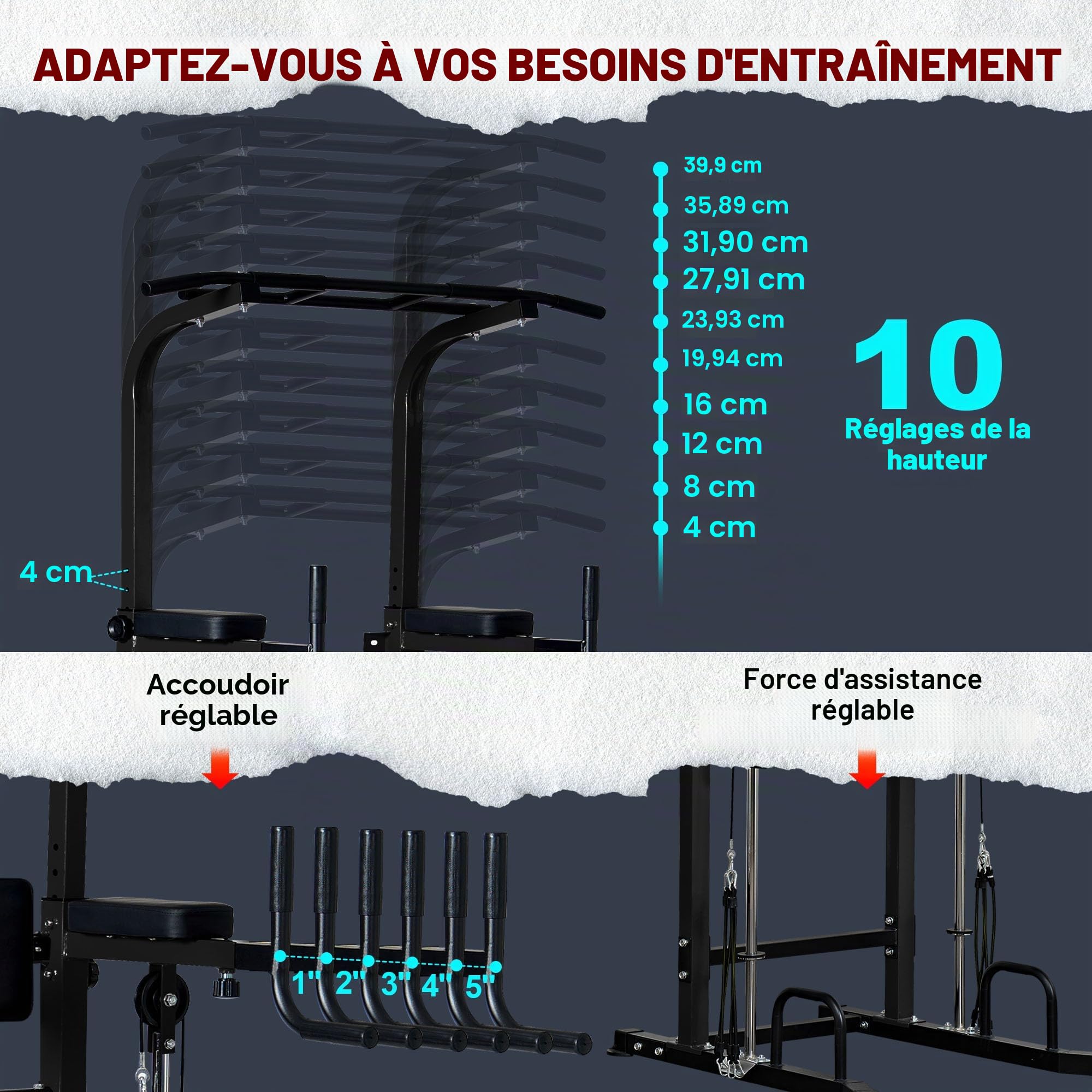 Power Tower Station de barre de traction réglable à 10 vitesses, station de musculation multifonction pour salle de sport à domicile, avec coussinet d'entraînement assisté et base