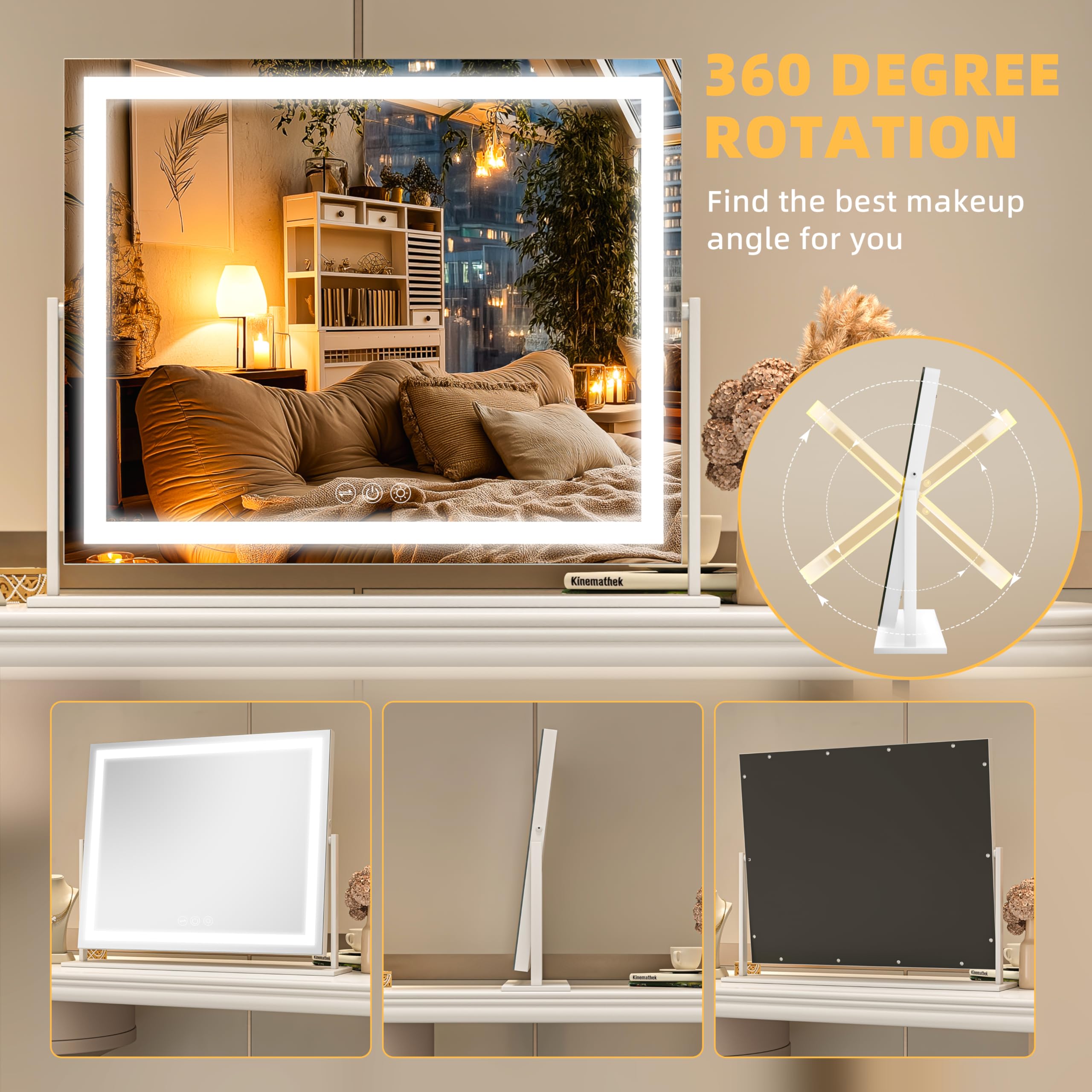 Kosmetikspiegel mit Lichtern, 55 x 45 cm LED Schminkspiegel mit 10x Vergrößerung und 3 Farbtemperaturen, Touch Control Tischspiegel, 360° Drehung, Make-up Spiegel Weiß