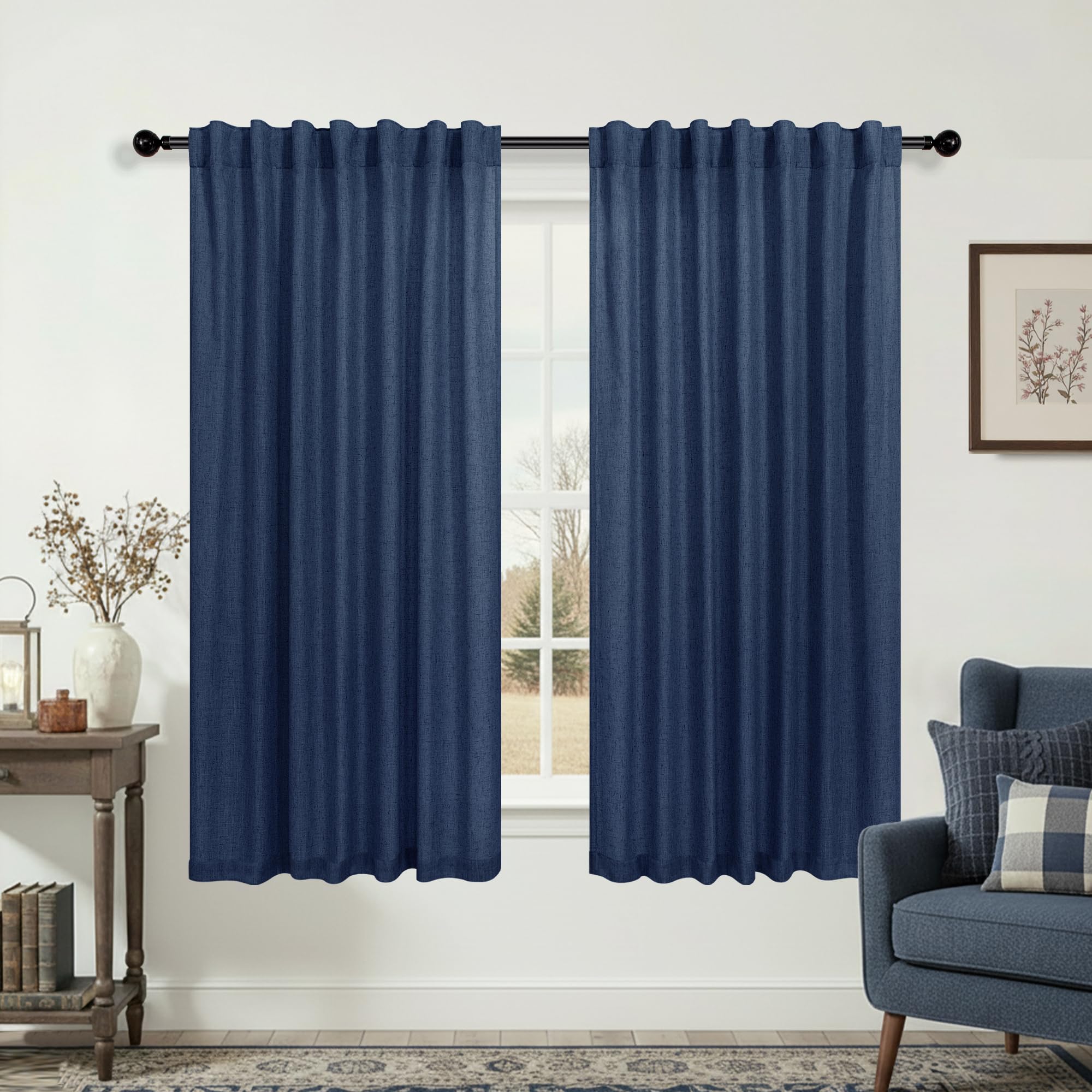 KOUFALL Navy Blue Short Window Curtains for Bathroom,Sheer Linen Laundry Room Curtains for Windows,54 Inch Length — image 1