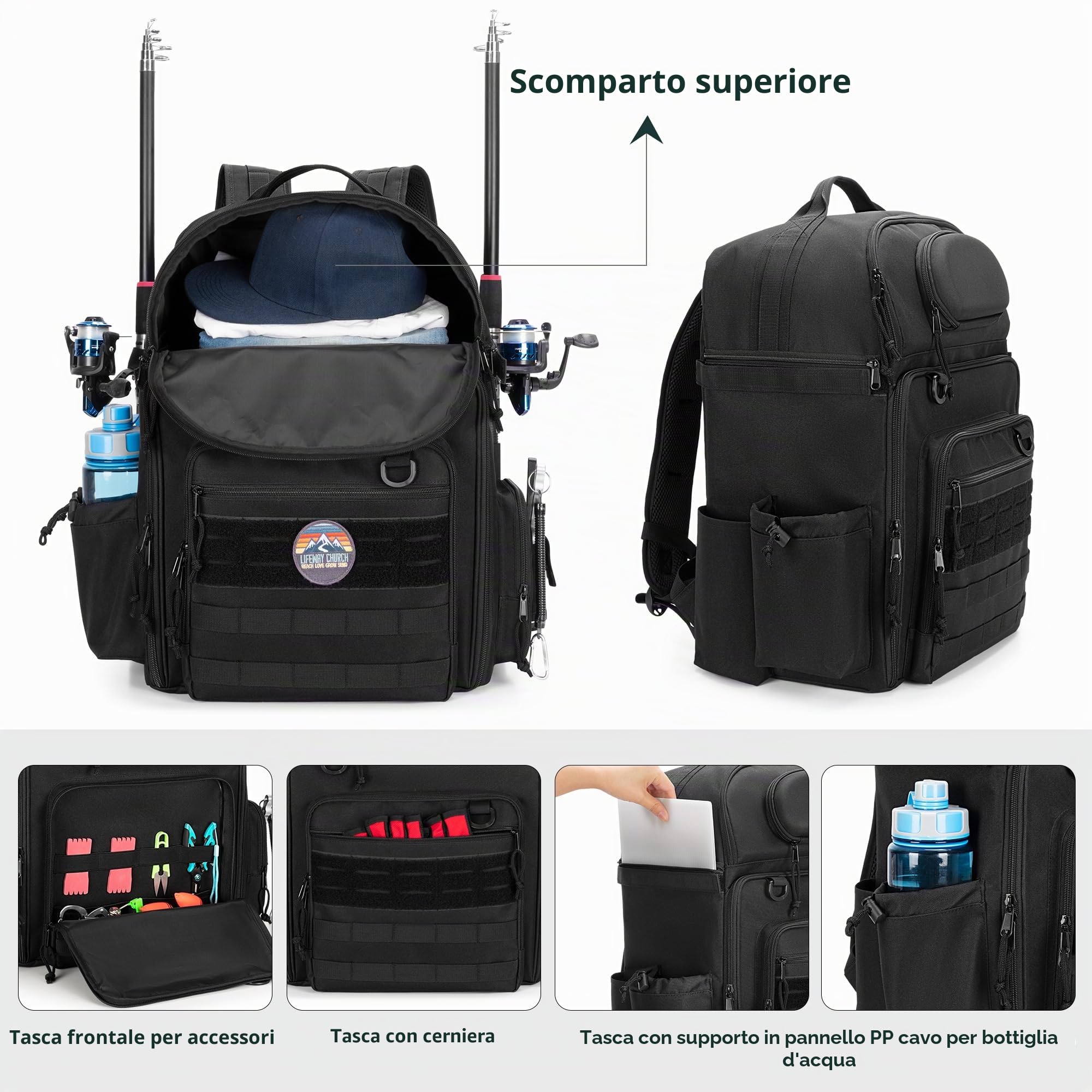 Rexmica Mochila de Pesca para 2 Cañas y Carretes, Bolsa para Cañas, Nero | con Compartimentos para Cajas de Aparejos, Ideal para Pesca, Senderismo, Camping y Trekking (Solo Bolsa)