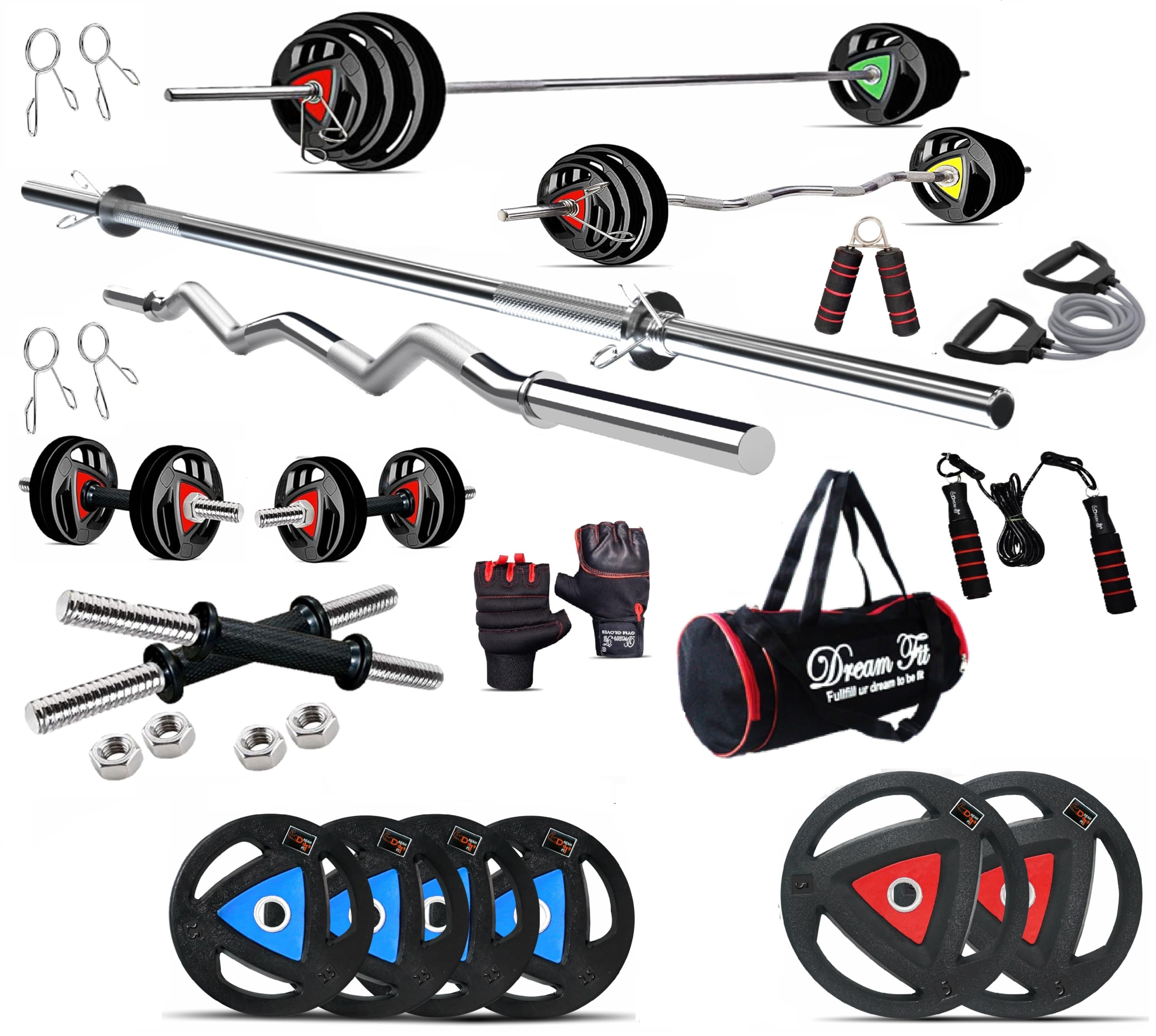 DREAM FIT Professional Metal Integrated Rubber Coated Plates Combo - 20Kg Home Gym Set with 23mm 3 ft curl Rod, 23mm 5 ft Straight Rod, 1 Pair Dumbbell rods with hex Nuts and Gym Accessories (20Kg)-image-15