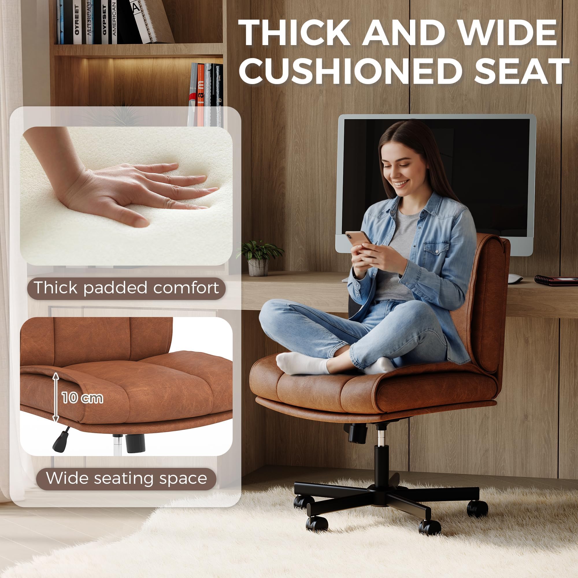 Garvee Silla Giratoria De Tela Sin Brazos, con Ruedas, Diseño Moderno, Fácil De Montar y Limpiar, para Maquillaje y Oficina En Casa, Color marrón