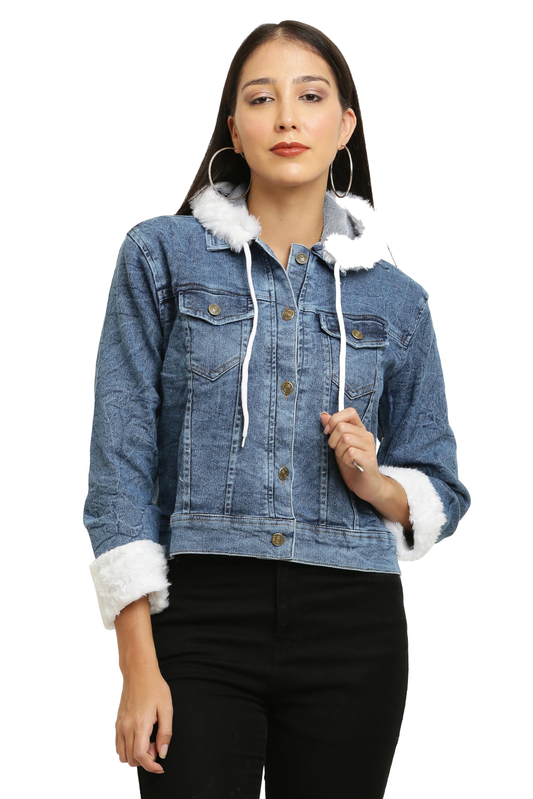 ACEOLA Women's Blue Washed Full Sleeves Buttoned Denim Cropped Jacket with Collar Sleeves Fur.-picture-21