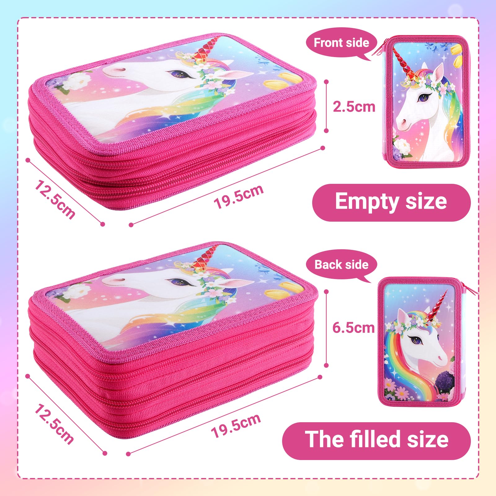 44 Teilen Federmäppchen Einheorne Set Einhorn Federmäppchen 3 Fächer Große Kapazität Mäppchen Mädchen mit Lineal,Wasserfarben,Federtasche Geschenk für Schule Kinder