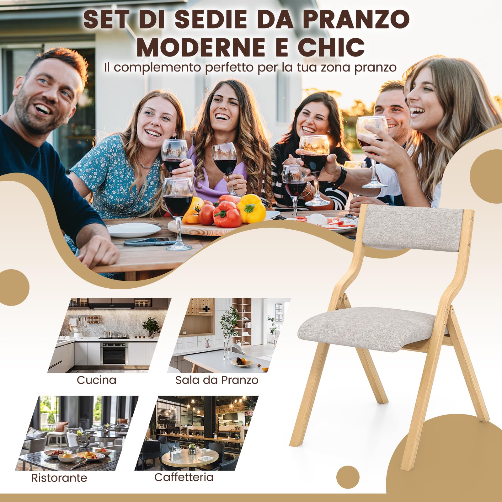 COSTWAY Set di 2 Sedie da Pranzo Pieghevoli, Sedie Imbottite con Telaio in Legno Massello e Sedile Imbottito in Tessuto di Lino, Aspetto Moderno Senza Braccioli per Cucina e Soggiorno (Naturale)