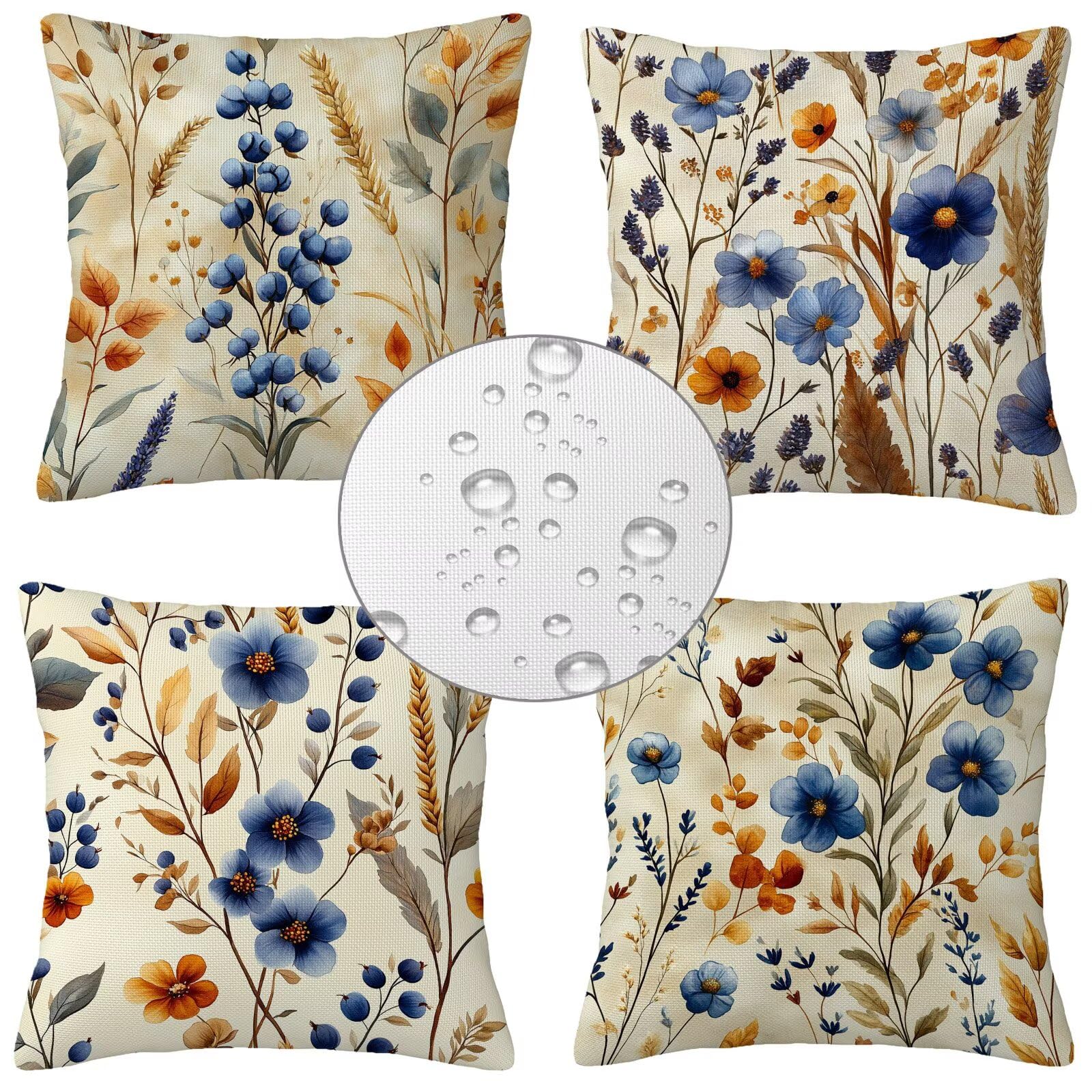 Fundas de Cojines Impermeables para Exterior Rural Funda Cojin 55x55 cm Juego de 4 Cuadradas Lino Funda de Almohada Decorativas para Sofá Terraza Silla Jardín Cojines Decorativos (Flor) L-O499