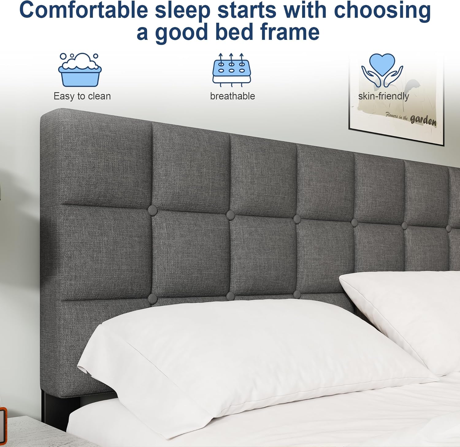 Double Bed Frame, Easy Assembly, Sturdy Wooden Slat Support, Upholstered Platform with Headboard, No Box Spring Needed, Gray Double Bed 135×190