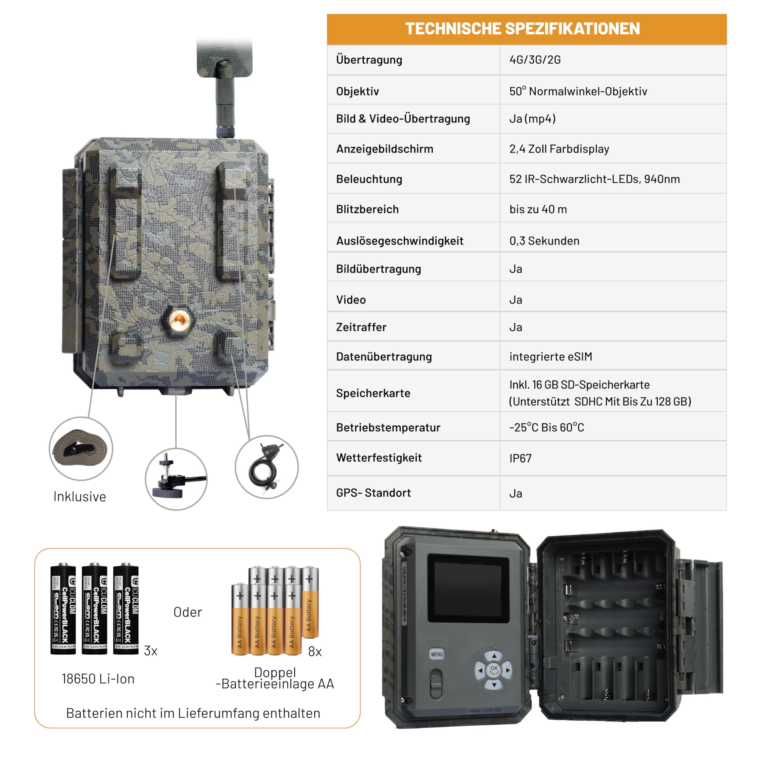 icuserver ICU CLOM Cam 6 - ICU Wildkamera 4G mit Full HD Bildern und Videoqualität, Nachtsicht, Bewegungssensor und Handyübertragung, inklusive 16GB SD-Karte mit Bewegungsmelder und App