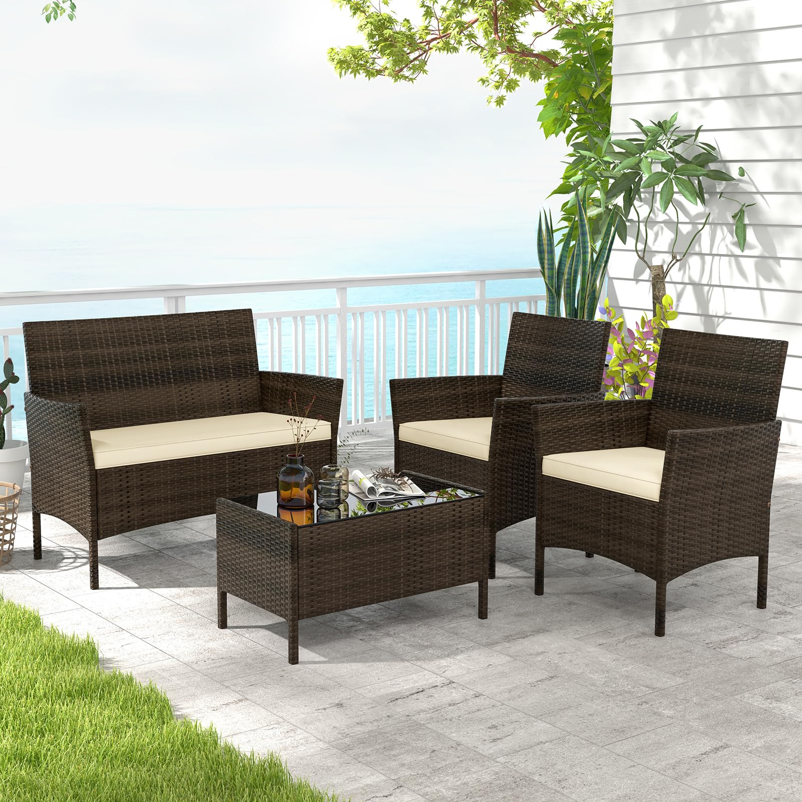 SOARS Juego de salón de jardín de 4 piezas, muebles de jardín con cojines, sofá de 2 plazas, 2 sillones de ratán PE, mesa baja de cristal, muebles de exterior para terraza, balcón (marrón+marrón)