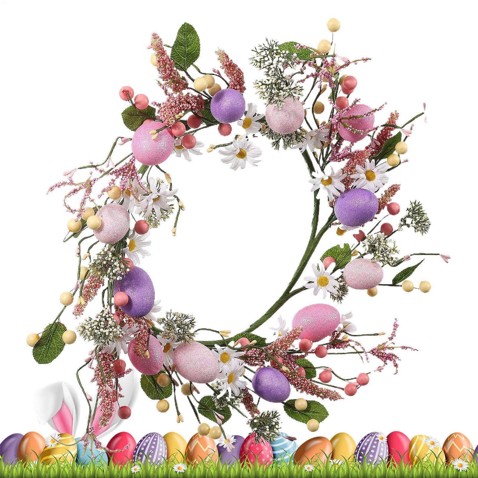 Couronne de Pâques rustique pour porte d'entrée avec œufs et fleurs de printemps décoratives