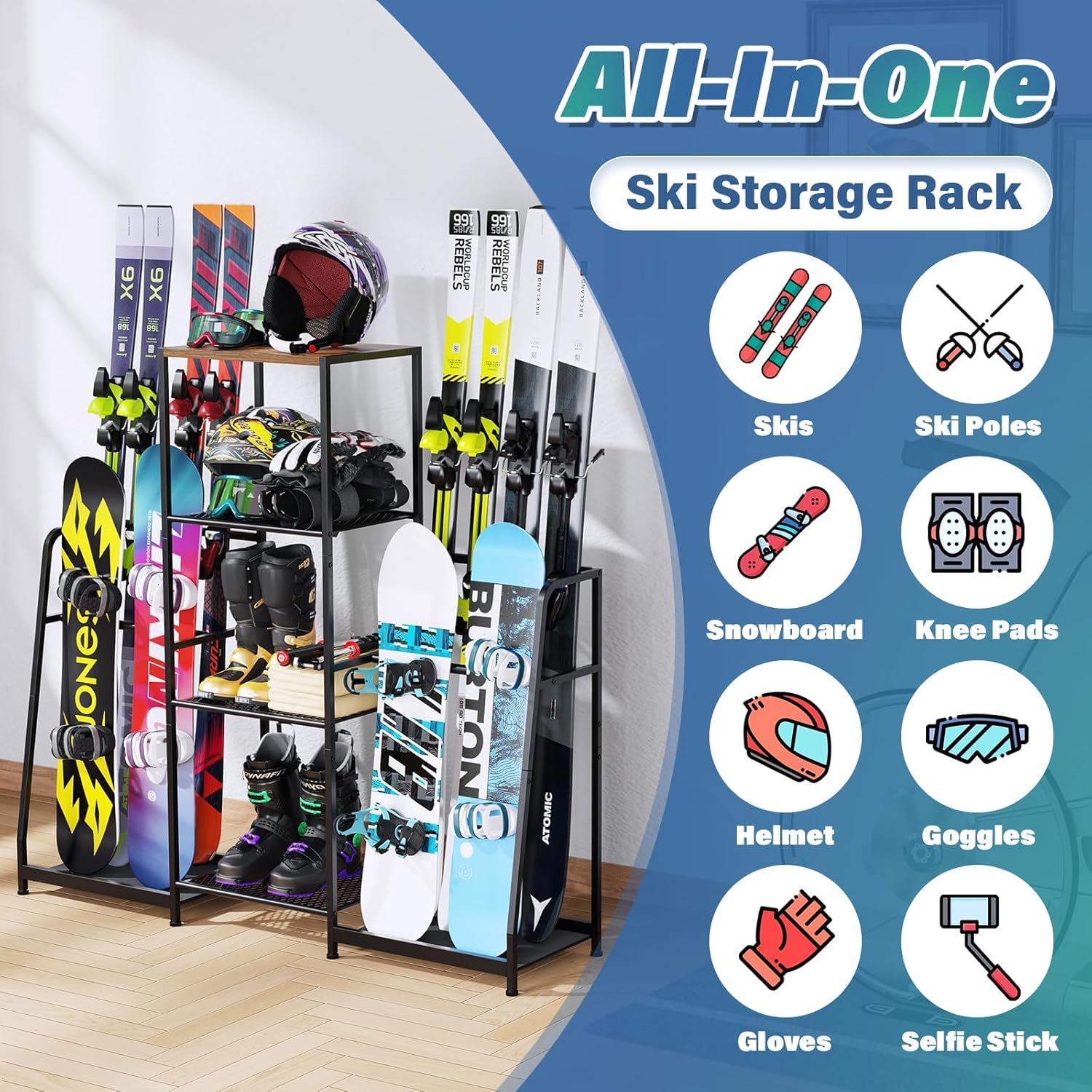 Skiständer, Freistehende Skihalter für die Garage, Stahl-Bodenständer Ski-Organizer für 4 Paar Ski, 3 Snowboards, Stiefel, Stöcke, Brillen, Helme, für Schuppen oder Keller(Beidseitiger Stil)