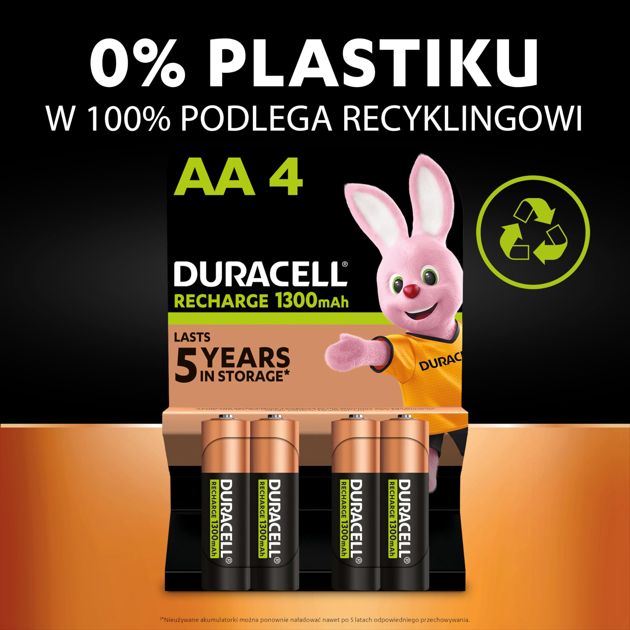 Duracell Akumulatorki Rechargeable, 4 szt., AAA 900 mAh NiMH, Fabrycznie naładowane, Nasze działające najdłużej akumulatorki z opakowaniem w 100% nadającym się do recyklingu, nie zawiera plastiku