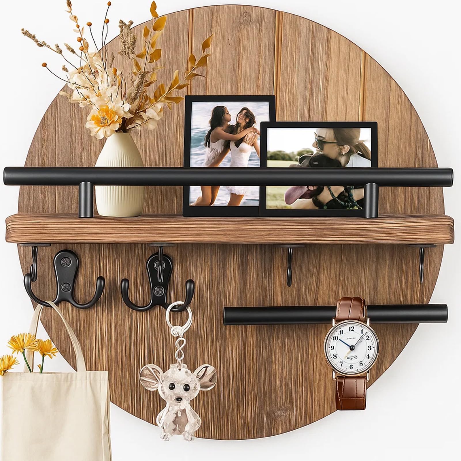 GreenWhim Circular Wooden Key Holder for Wall with Shelf, Rustic Wall Mounted Key Rack with 8 Hooks Entryway Mail Organiser Key Hanger for Hallway, Kitchen, Office (Brown, 11.8 inch)