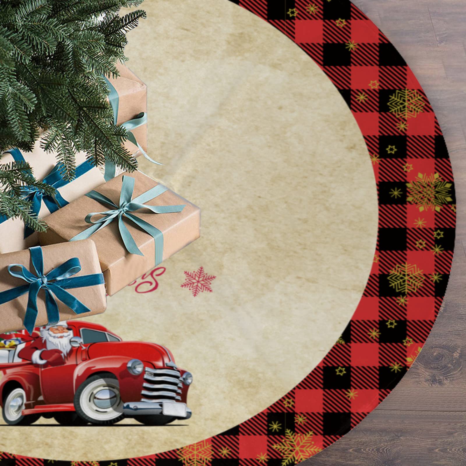 Christmas Tree Skirt 48 Inch Red Rustic Xmas Tree Skirts Mat with Snowflake Design for Merry Christmas Xmas Holiday Party Decorations Indoor Outdoor (Rustic Truck)