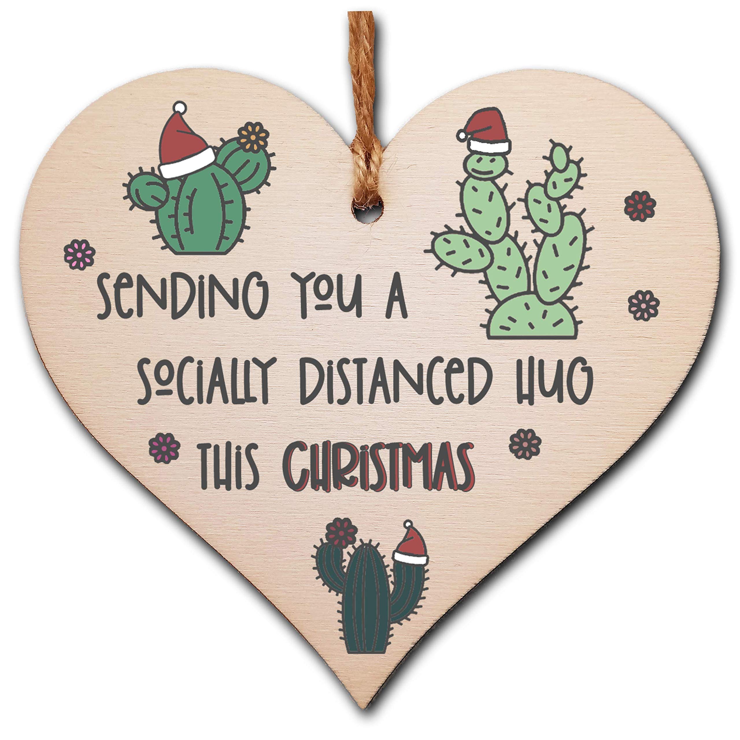 The Plum Penguin Handmade Wooden Hanging Heart Plaque Christmas Tree Bauble Socially Distance Hug Cactus Funny Card Alternative Long Distance Family Friends