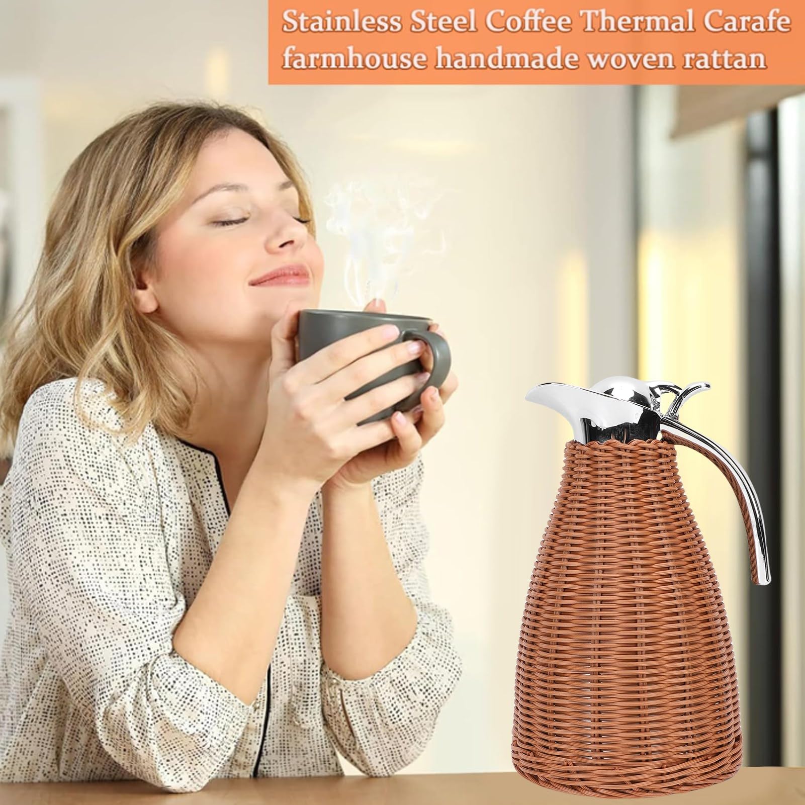 Fockety Jarra térmica de ratán, jarra térmica de acero inoxidable para café de 1,5 l con cuerpo de ratán hecho a mano, jarra aislante de triple pared para líquidos calientes (BROWN)