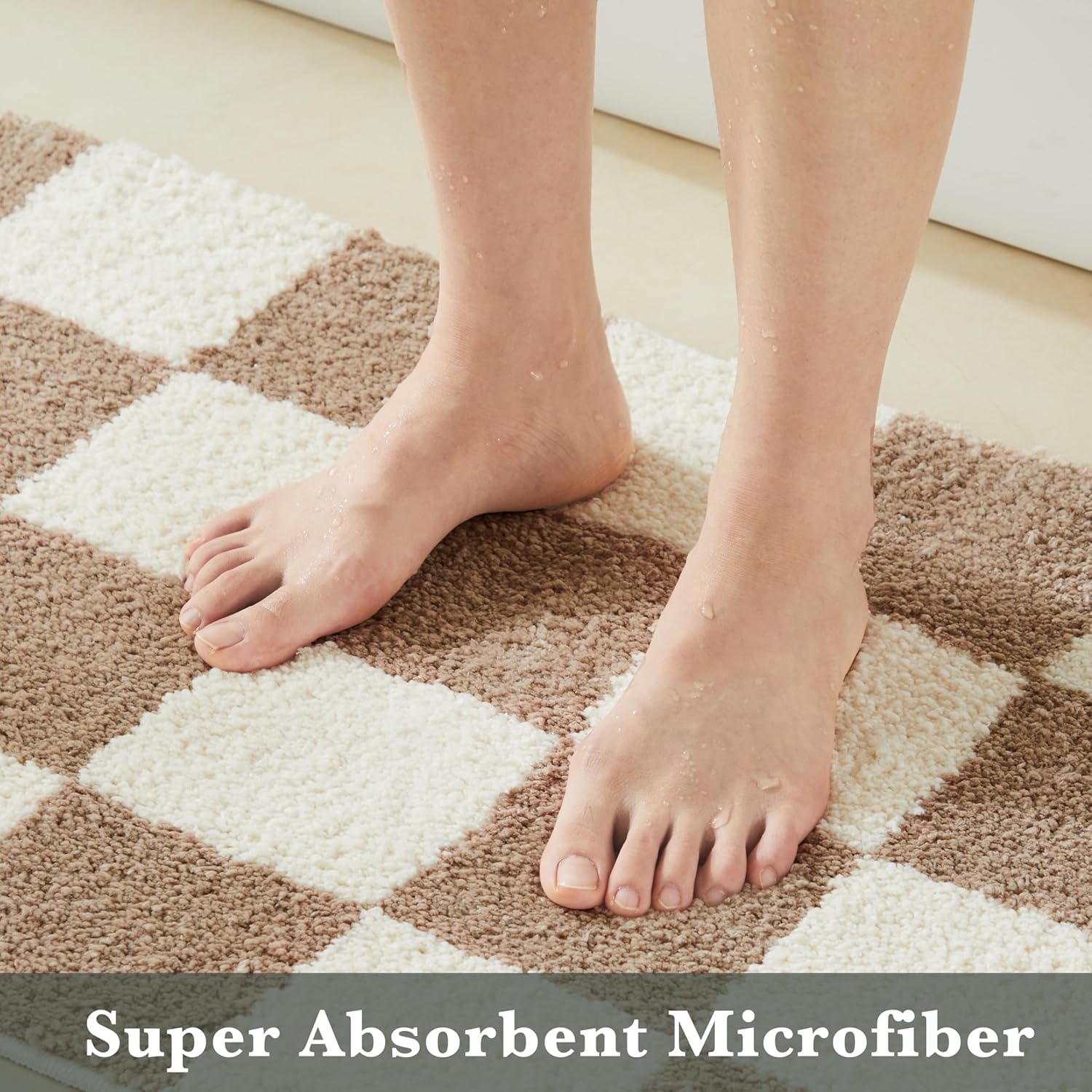 Luxury Microfiber Checkered Bath Mats, Beige and White Checkerboard Bathroom Rug Retro Boho Farmhouse Aesthetic Bath Decor for Bathroom, Tub, Sink, Shower, Anti Slip, Absorbent, Washable, 32x20 - Image 4