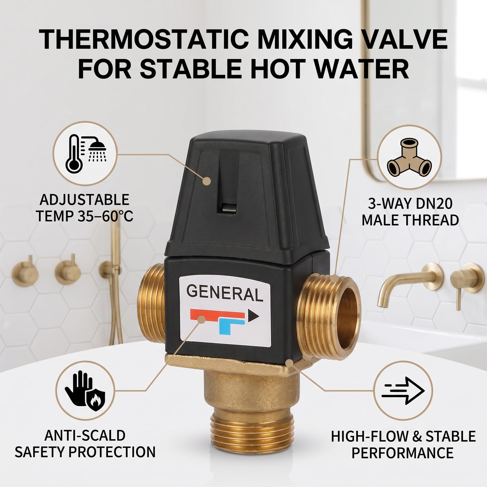 Thermostatisches Mischventil für Solarwarmwasserbereiter 3 Wege DN20 Außengewinde Messing, hochwertiges und langlebiges Thermostatventil