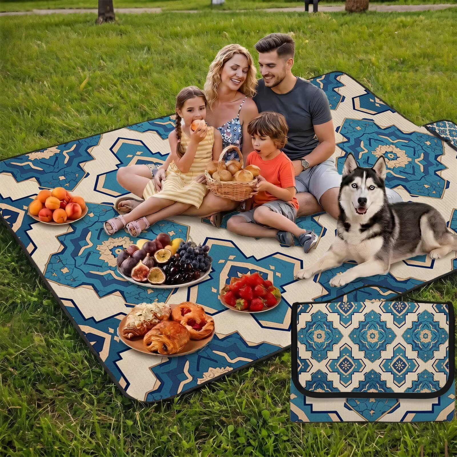Grande Coperta de Picnic 200x300 cm, Blu Manta Picnic Impermeable Anti-Sabbia Manta de Playa Pieghevole, Outdoor Picnic Blanket per Spiaggia, Camping, Giardino, Trekking - Mandala (2) FZ-190