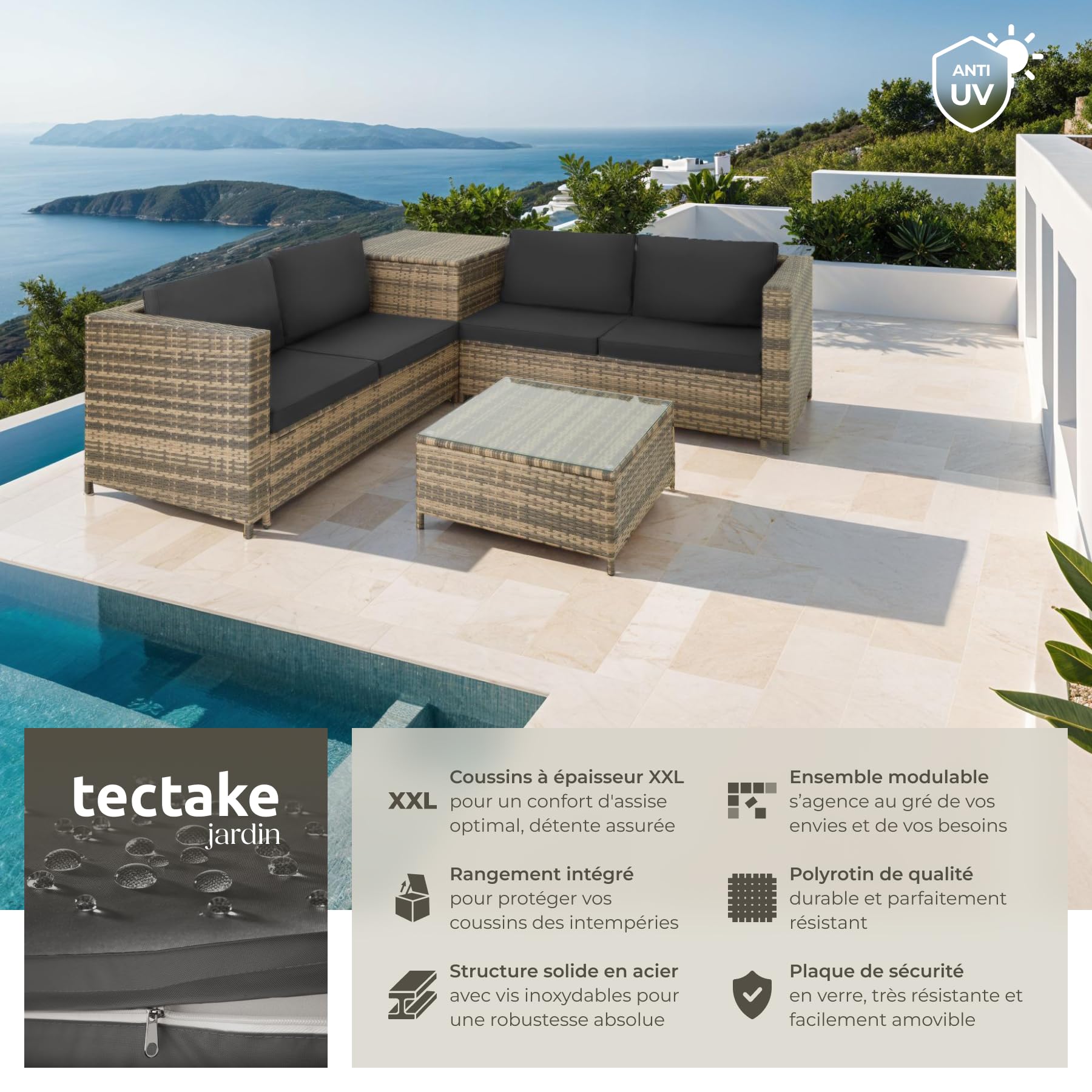 tectake® Ensemble Salon de Jardin Exterieur en Poly Rotin 4 Personnes, 2 Canapés modulables, Coffre de Rangement et Table de Jardin en Verre Inclus, Mobilier de Jardin pour Amenagement Balcon