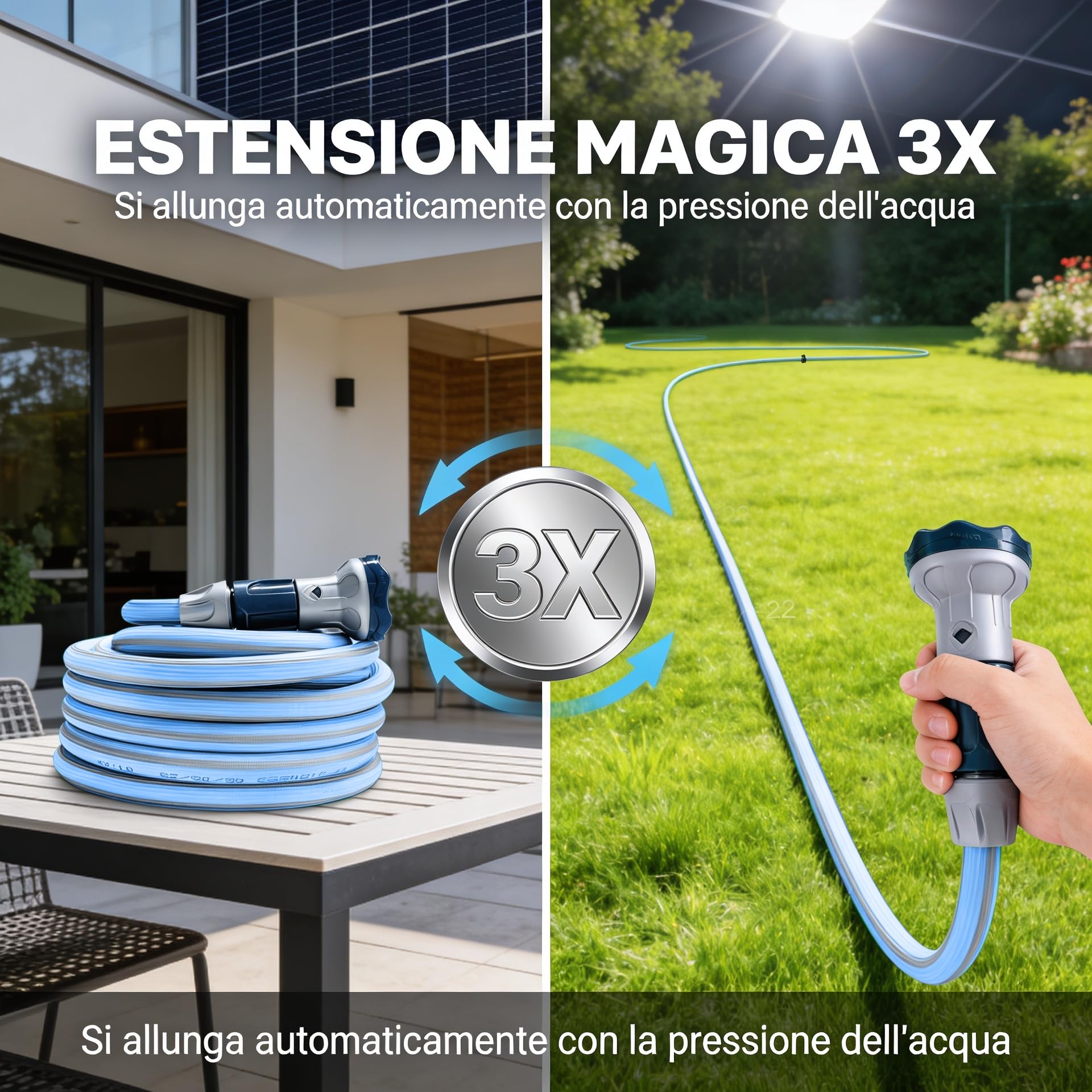 Idroeasy, Tubo Acqua da Giardino Estensibile 10 Metri, Diametro 5/8", Tubo Irrigazione allungabile x3, Anti Nodo e Anti Torsione, Atossico, Design Soft Pastel Blue, Tubo Giardino Made In Italy