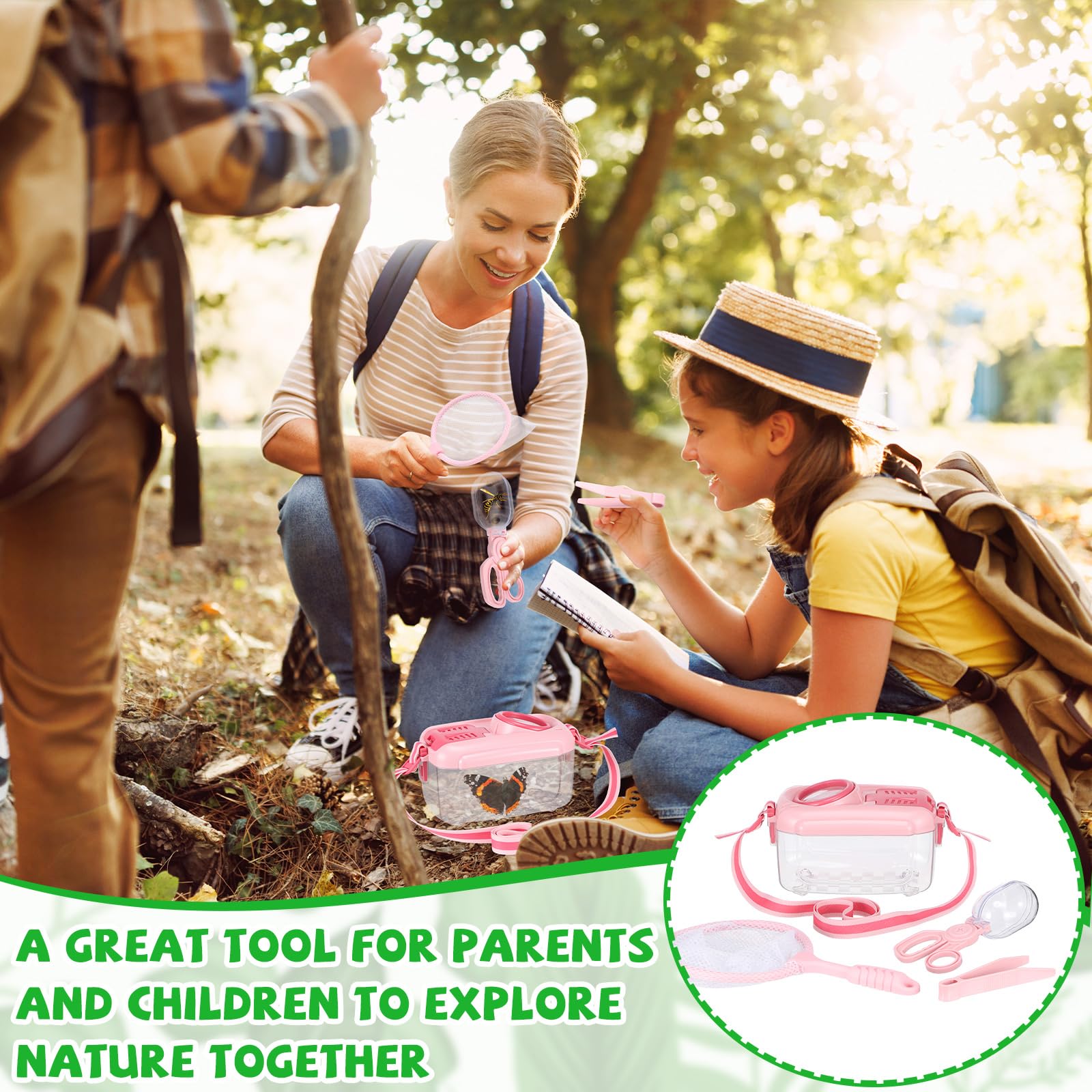 Halloscume 6 juegos de atrapasueños para niños, estudiantes, kit de captura de insectos con casa, red de mariposas, pinzas, contenedor de hábitats de jaula, regalo explorador (rosa, verde)