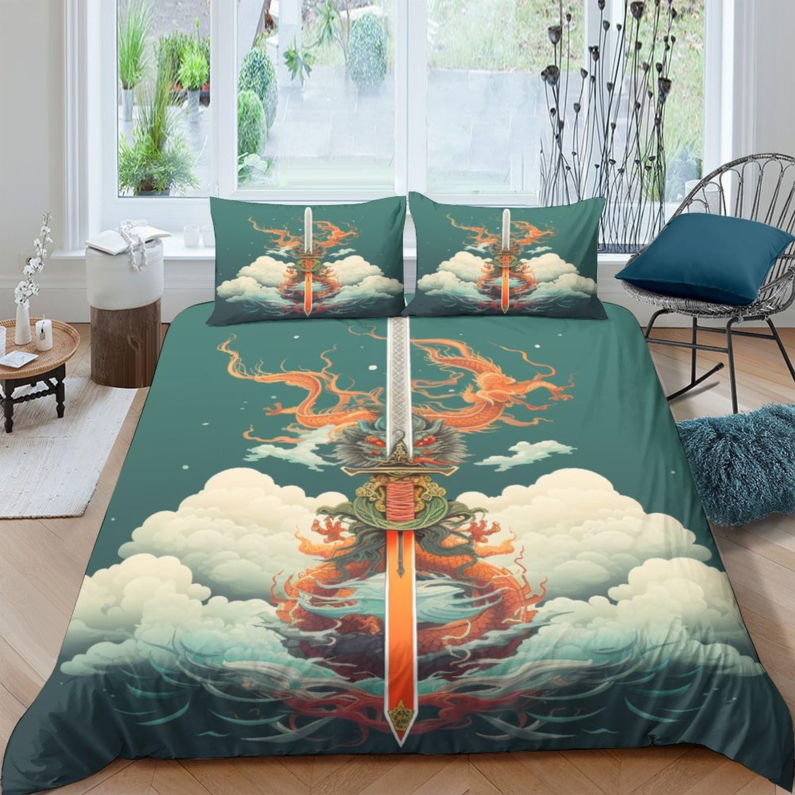 Housse de couette dragon 3D 200x200 microfibre avec taies