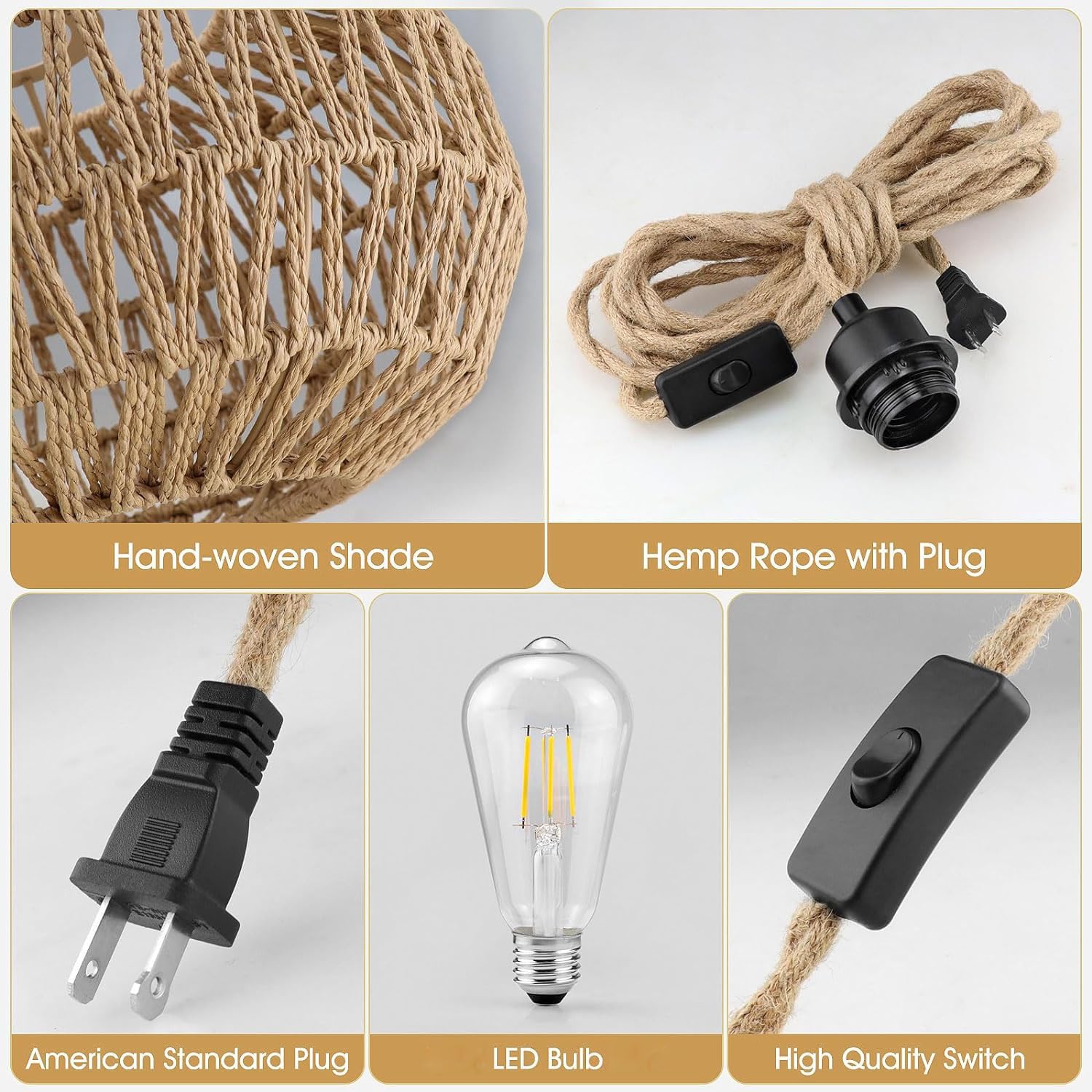 Plug in Pendant Light Rattan Hanging Lights with Plug in Cord with Woven Hemp Rope Lamp Shade, Hanging Lights with Plug in Cord 15ft Hemp Rope Hanging Lamp, Farmhouse Woven Rattan Pendant Lamp