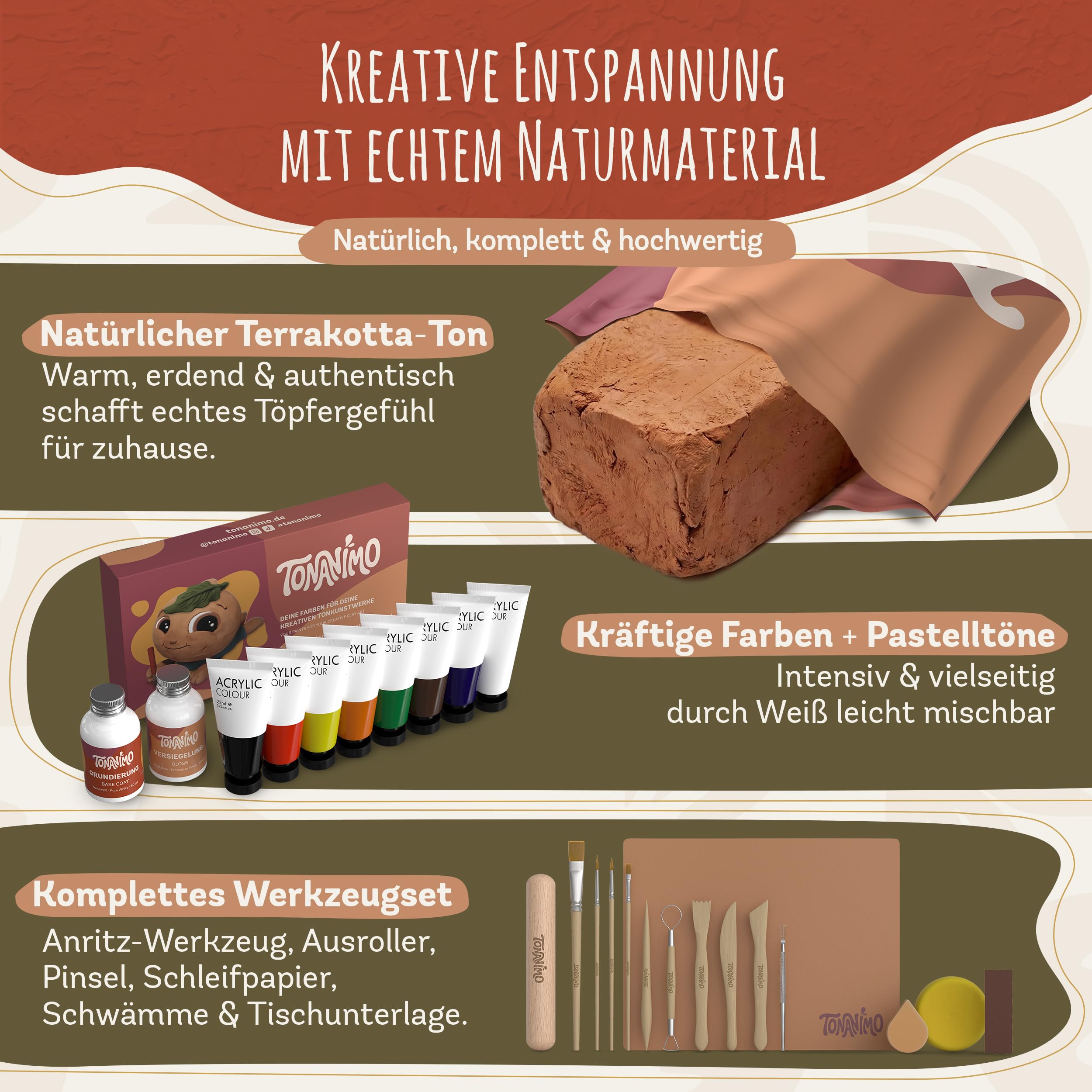 Dein Töpferset für Zuhause – DIY Set mit 2 kg lufttrocknendem Ton & Anleitung | Kreativ Set für Erwachsene & die ganze Familie – kein Brennofen nötig | Geschenkidee für unvergessliche Momente