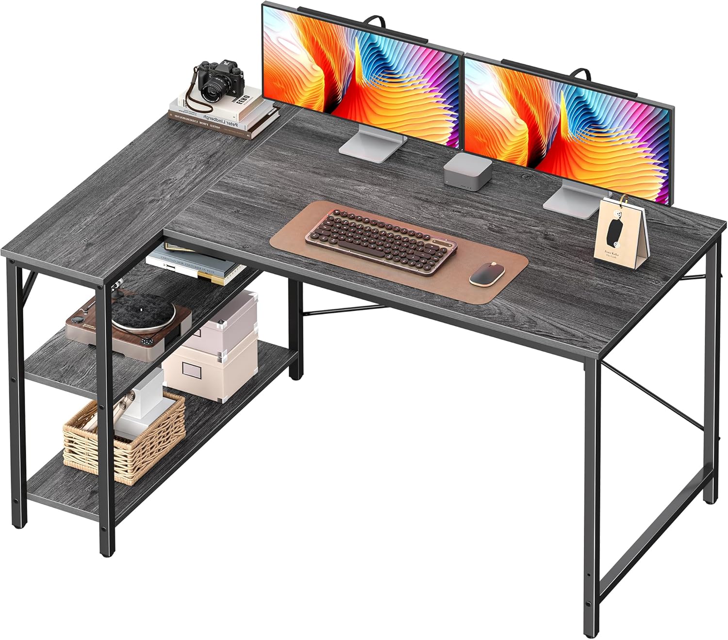 Huuger L Shaped Desk, 47 Inches Computer Desk with Reversible Storage Shelves, for Gaming Corner Home Office Writing Study, Metal Frame, Gray Grey 47 inch