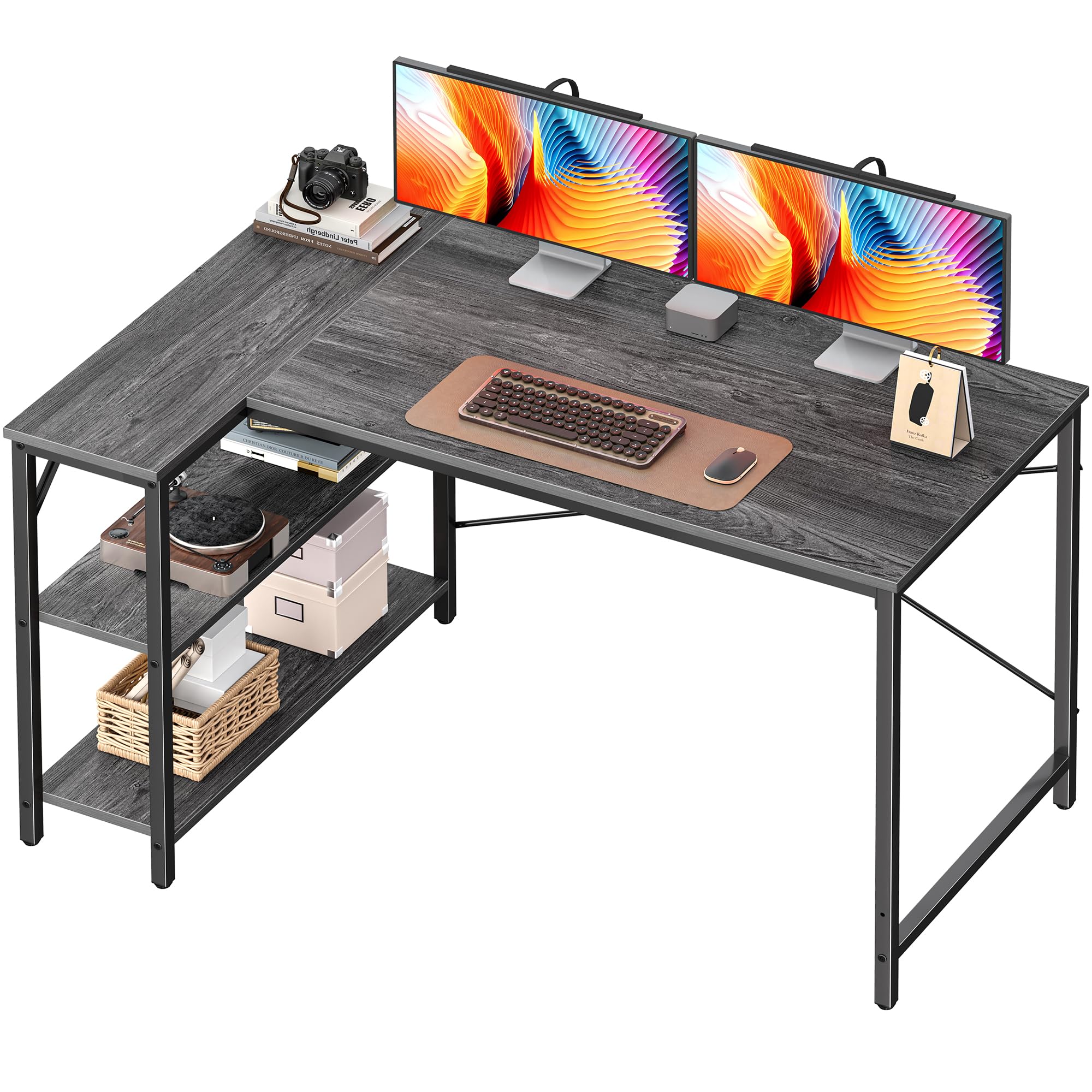 Huuger L Shaped Desk, 47 Inches Computer Desk with Reversible Storage Shelves, for Gaming Corner Home Office Writing Study, Metal Frame, Gray