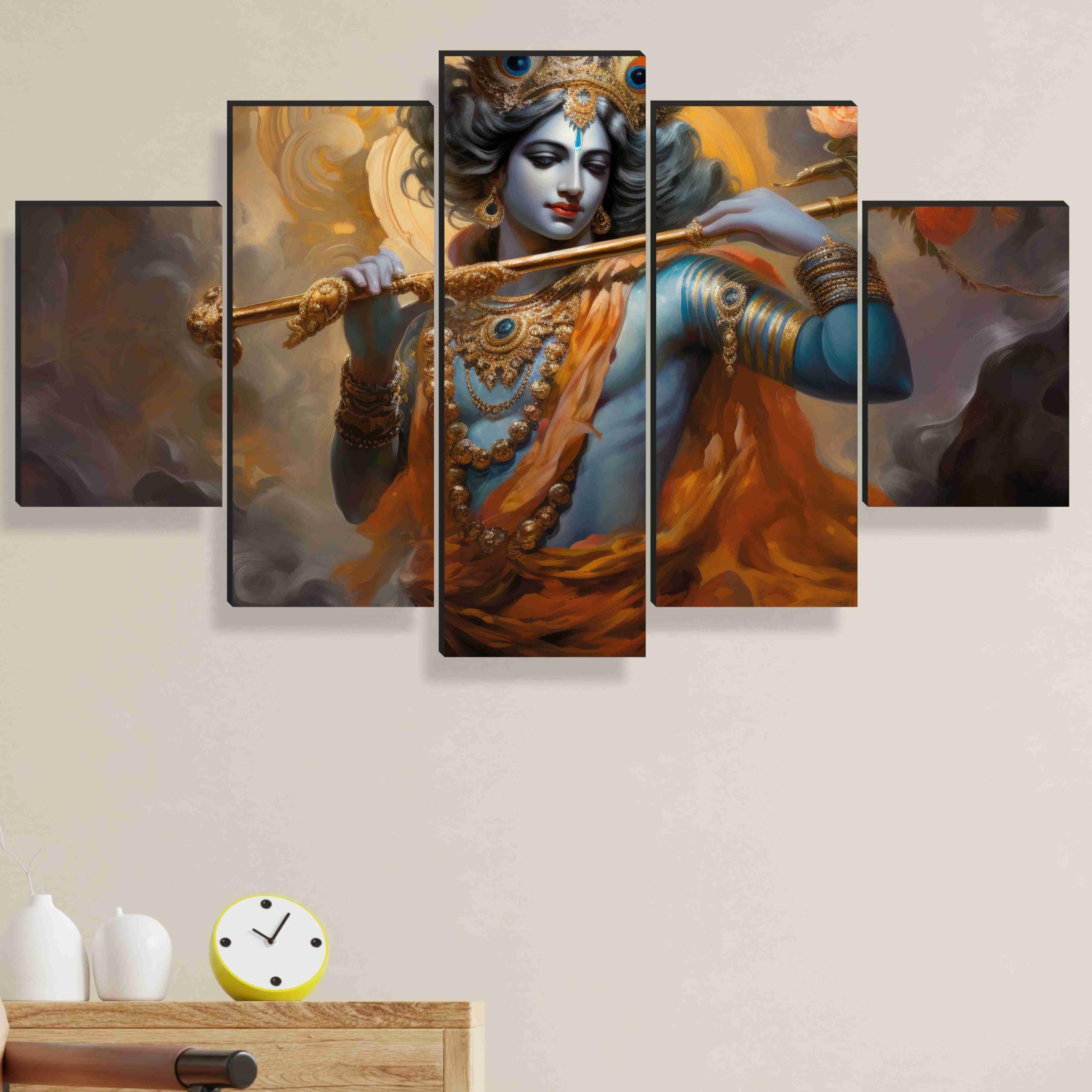krishna Paintings for Wall Decoration - Set Of Five, 3d modern art Painting for Living Room Large Size with Frames for Home Decoration, Hotel, Office 76.2 cm x 45 cm SANFPNLS35473