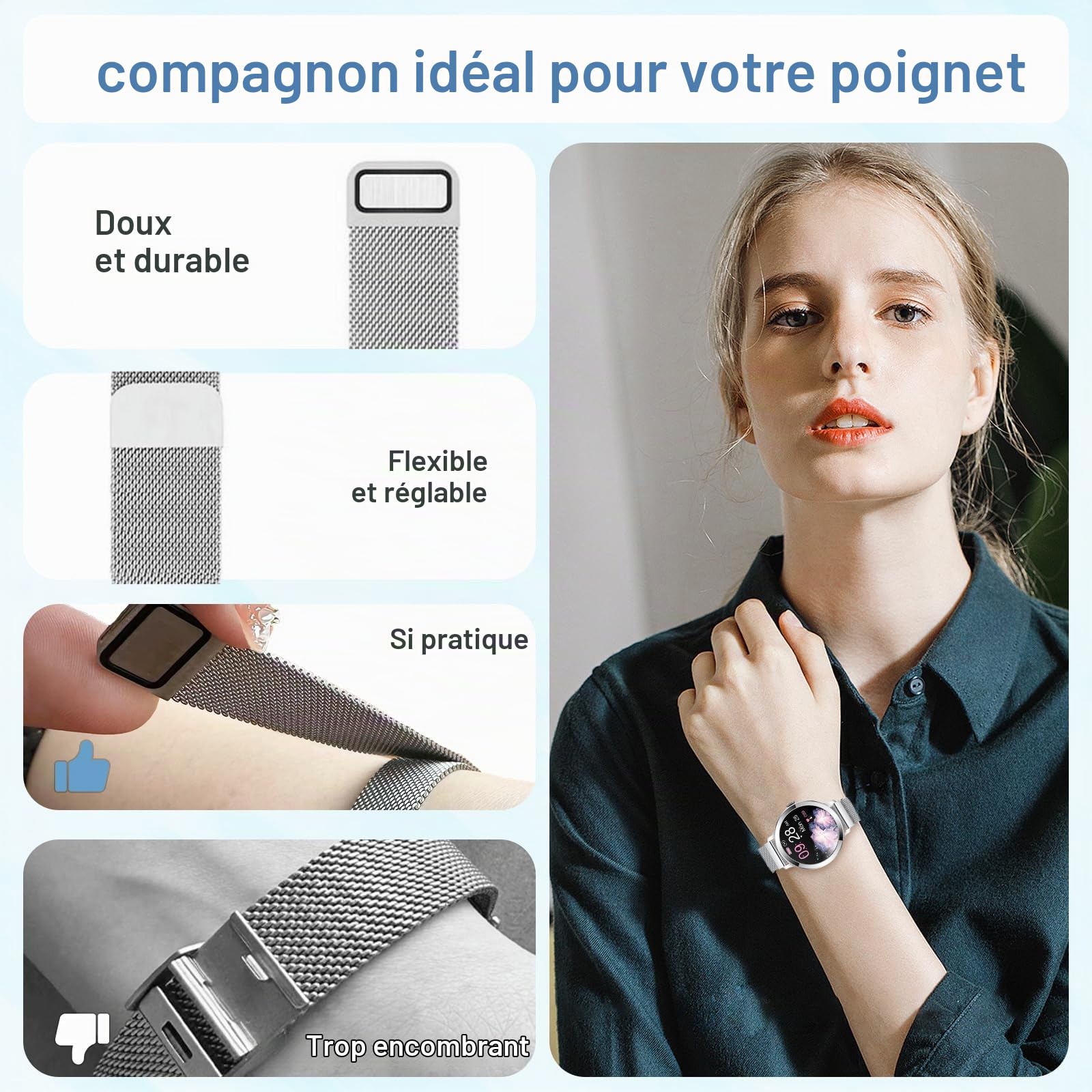 Efolen Montre Connectée Femme avec Appel Bluetooth, 1.1" AMOLED Ronde Smartwatch Moniteur de Sommeil Fréquence Cardiaque, 110+Sport Montre Intelligente, IP68 Podometre pour Android Argent
