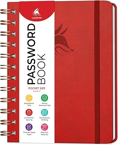 Clever Fox Libro de contraseñas en espiral, mini organizador de direcciones de Internet y contraseñas con pestañas alfabéticas laminadas, diario