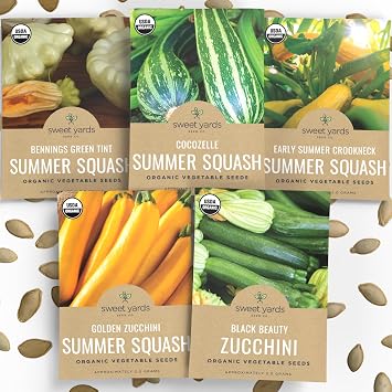 Organic Summer Squash Seeds Variety Pack - 5 Individual Packs - 2026 Season - Black Beauty, Cocozelle, Golden Zucchini and More! for Indoor & Outdoor Planting Non-GMO, Certified Organic