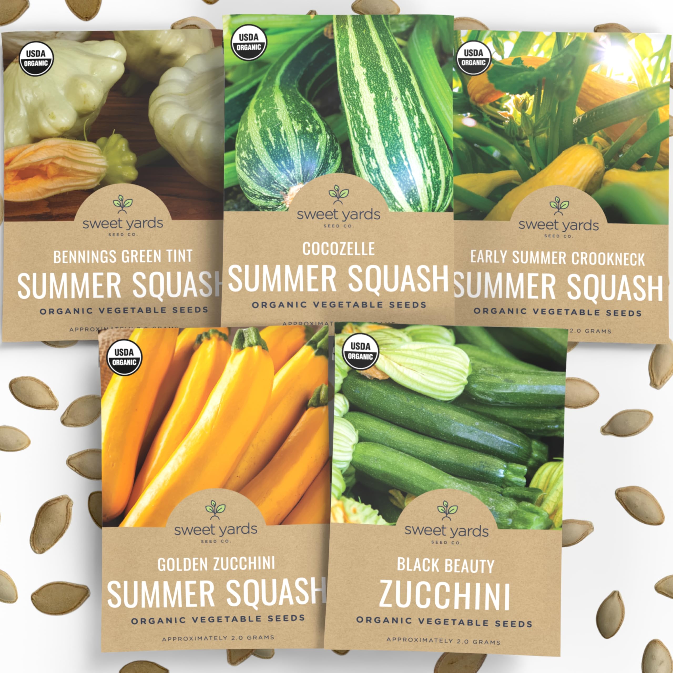 Organic Summer Squash Seeds Variety Pack - 5 Individual Packs - 2026 Season - Black Beauty, Cocozelle, Golden Zucchini and More! for Indoor & Outdoor Planting (Non-GMO, Certified Organic)