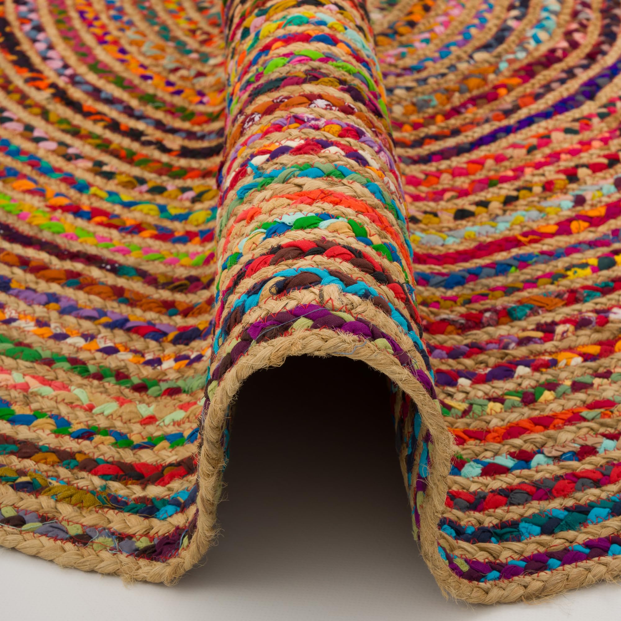 Pergamon Runder Jute Teppich Salsa Bunt mit Baumwolle - Handgefertigt aus strapazierfähiger Naturfaser - Schlichtes Design mit geflochtenem Muster - Verschiedene Größen verfügbar