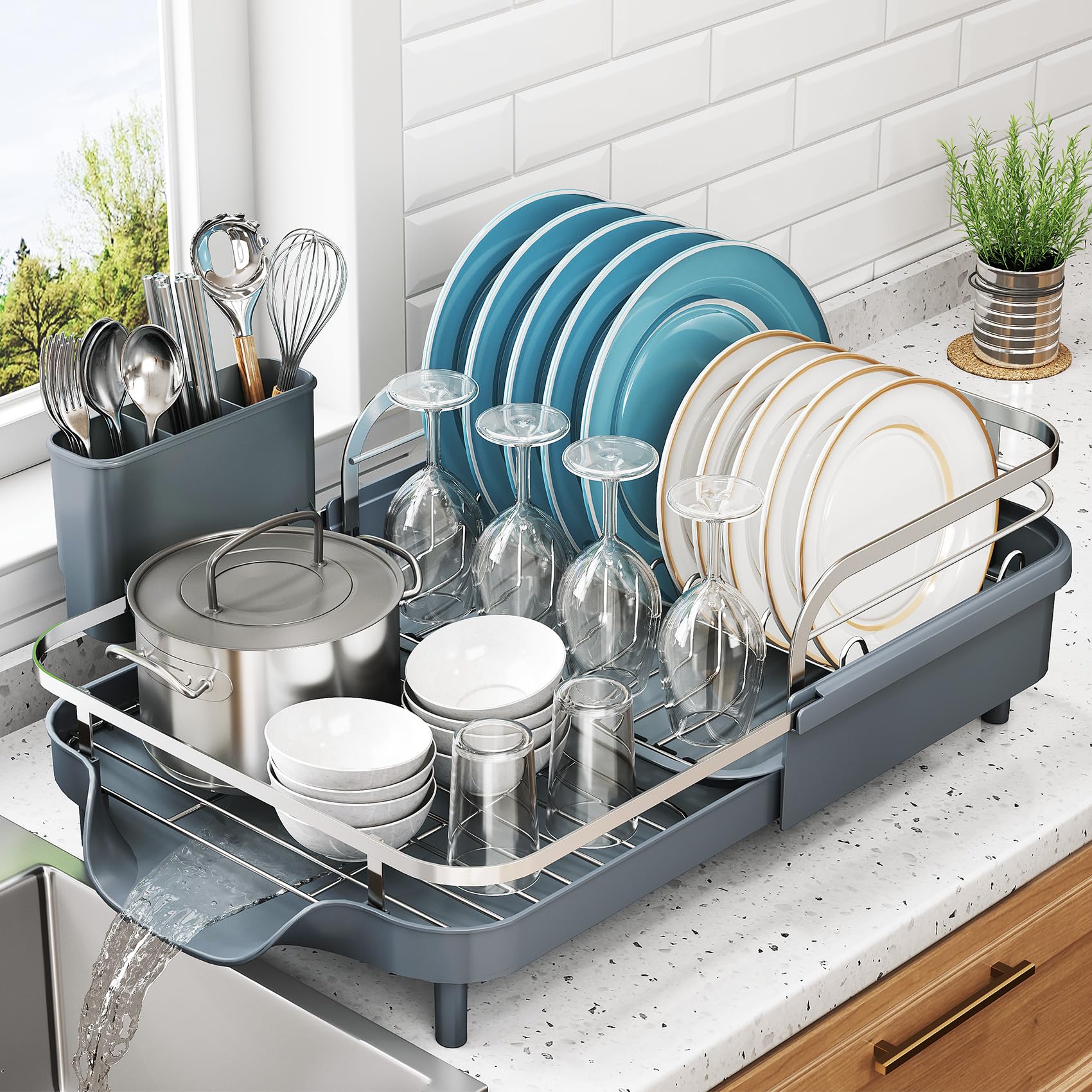 Photo 1 of SNTD Dish Drying Rack, Expandable Dish Rack for Kitchen Counter, Stainless Steel Dish Drainer with Drainboard Set and Utensil Holder (Gray)