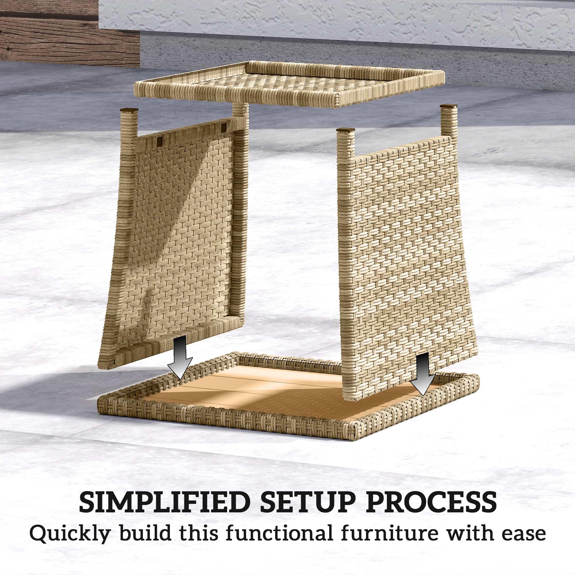Outsunny 2-stöckiger Beistelltisch aus PE-Rattan mit Ablagefach, quadratischer Outdoor-Couchtisch mit PS-Holzlattenplatte, UV-beständig für Terrasse, Garten, Balkon, Khaki | Quadratischer Couchtisch für den Außenbereich, PS Holzlattenplatte, UV-beständig,