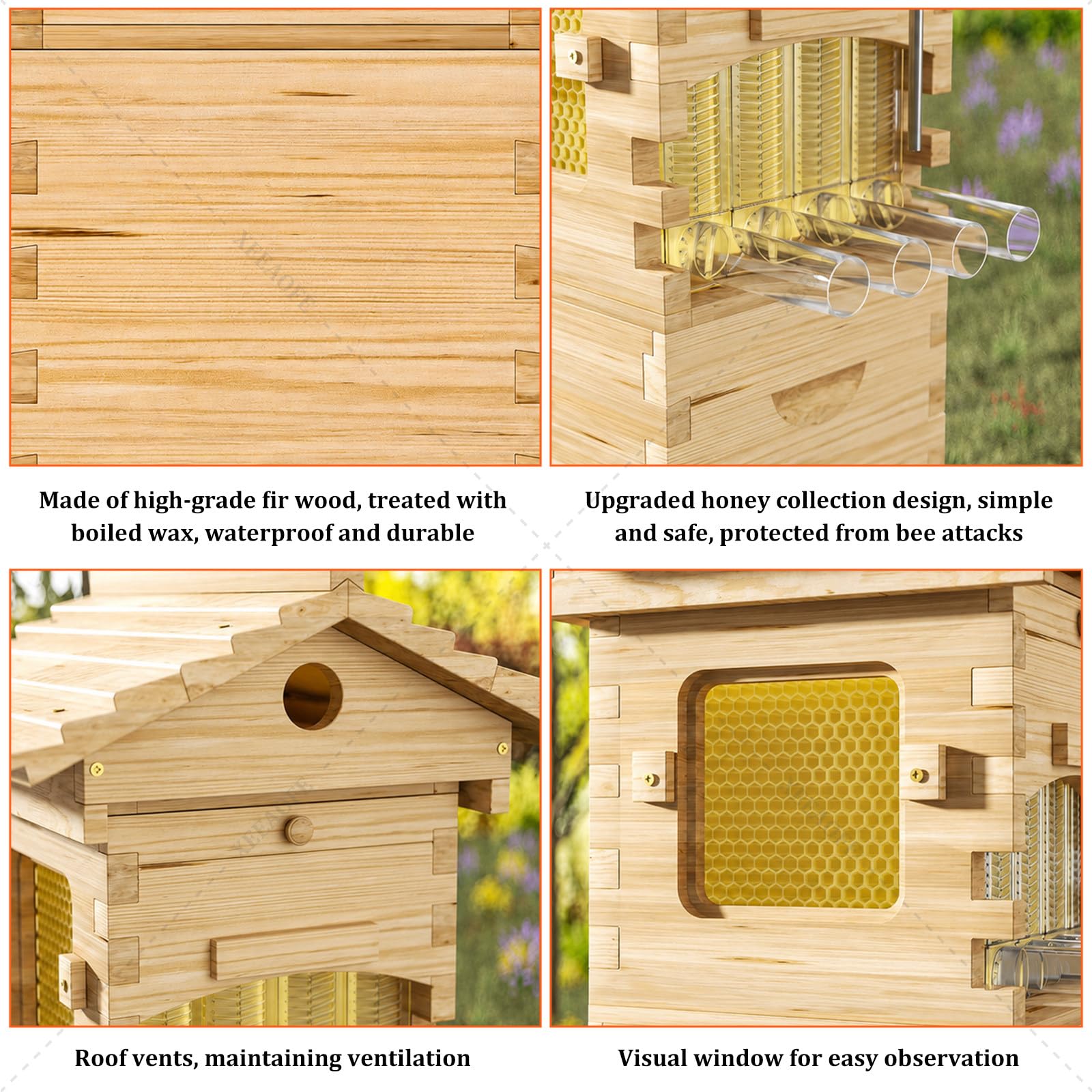 Kit de Inicio de Colmena & Flow Hive, Caja de Abejas de Madera Completa con 4 Cuadros Flow, Ventana de Observación, Grifo de Miel, para Principiantes y Apicultura de Patio