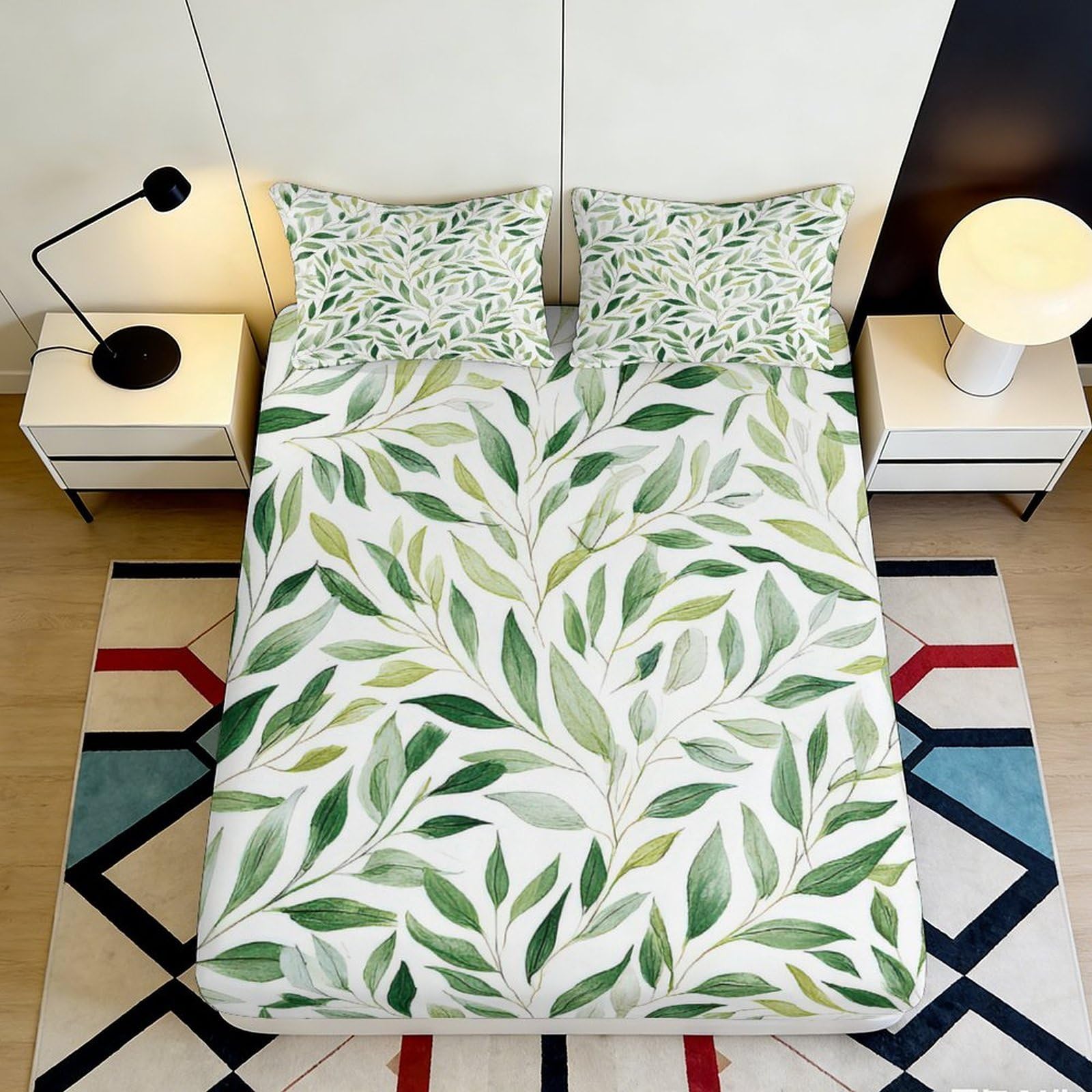 3D Printed Green Leaf Fitted Sheet Microfiber Soft Breathable Botanical Mattress Cover for Bedroom Dormitory Guest Room Protection Decoration 160x200x25cm