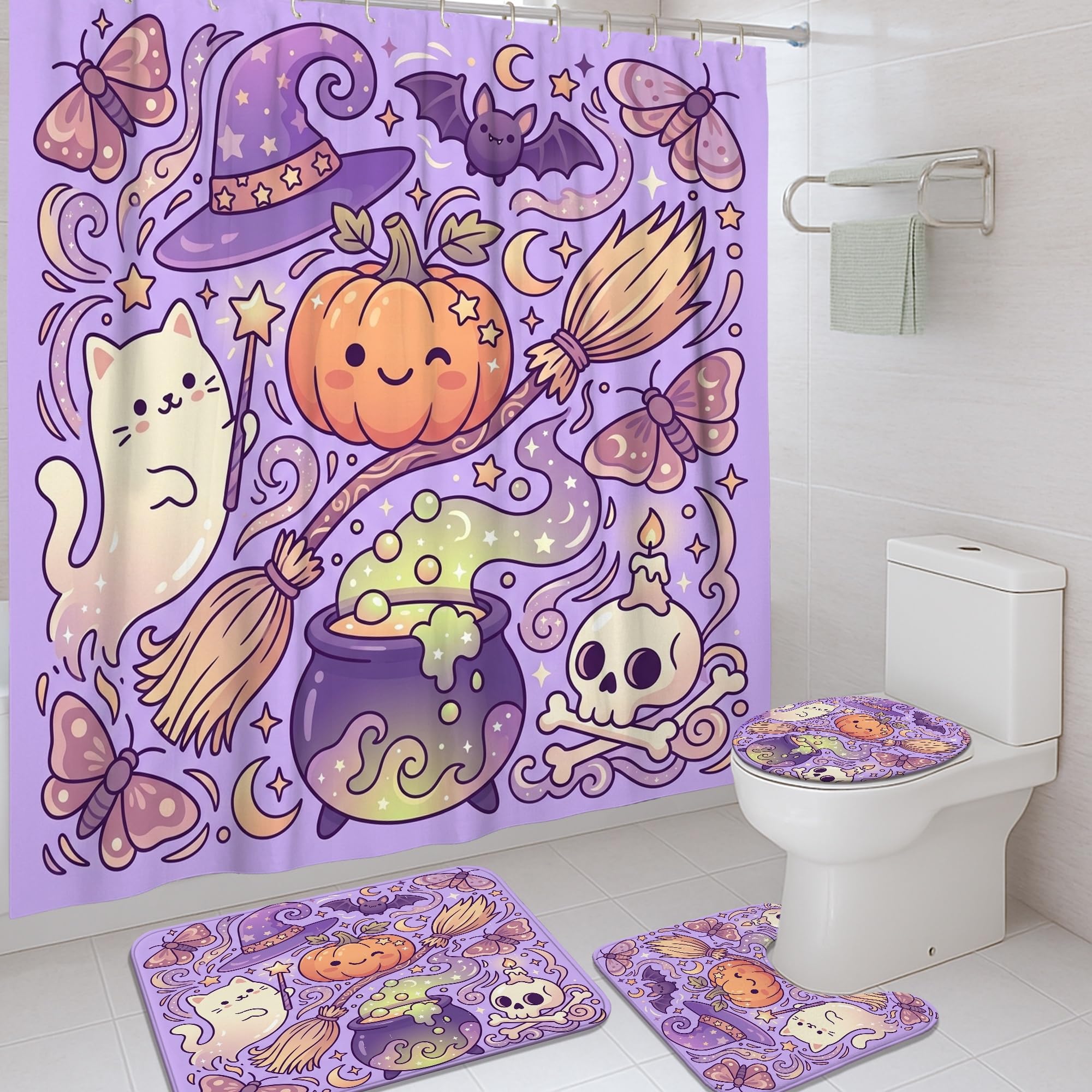 Ensemble de rideaux de douche imperméables anti-éclaboussures 183x183 cm avec tapis de bain violet
