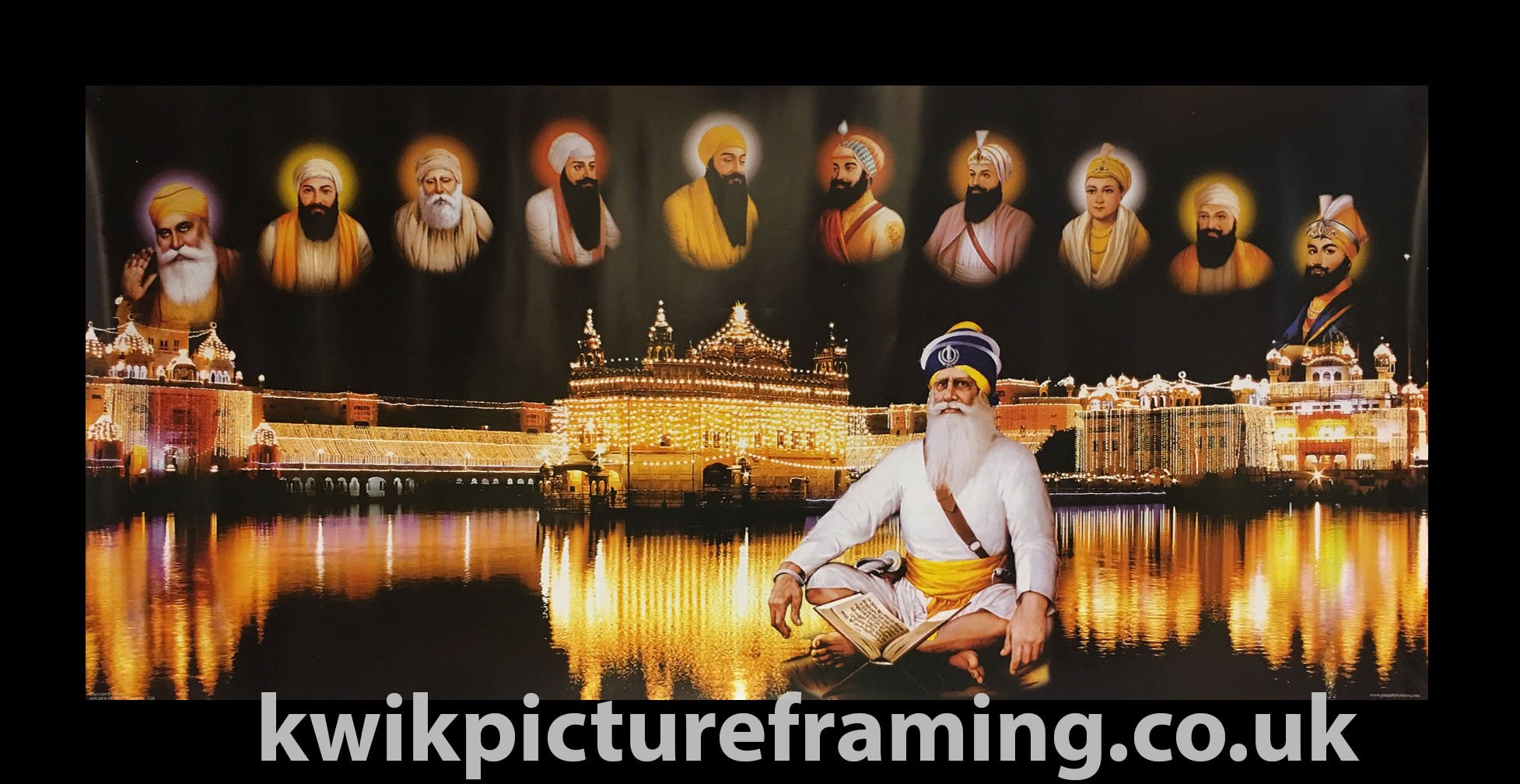 Kwik Picture Framing Ltd Black Golden Temple Picture Frame Harmandir Sahib Amritsar With 10 Sikh Gurus | 28 X 13 Inch Religious Wall Art Display | Rectangular Wall Or Stand Mount Frame | Made In Uk