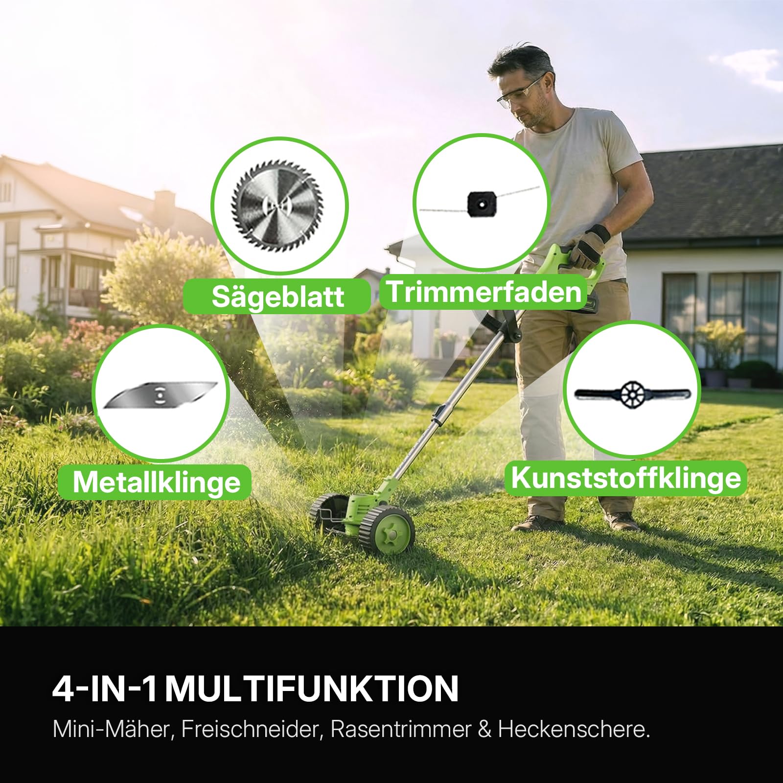 WORKIT 800W Akku Rasentrimmer mit Rädern, 3-in-1 Freischneider Akku & Rasenmäher-Modus, inkl. 2x 2,0 Ah Akkus, rückenschonender Teleskopstiel, akku rasentrimmer für Dickicht, rasentrimmer mit akku Set