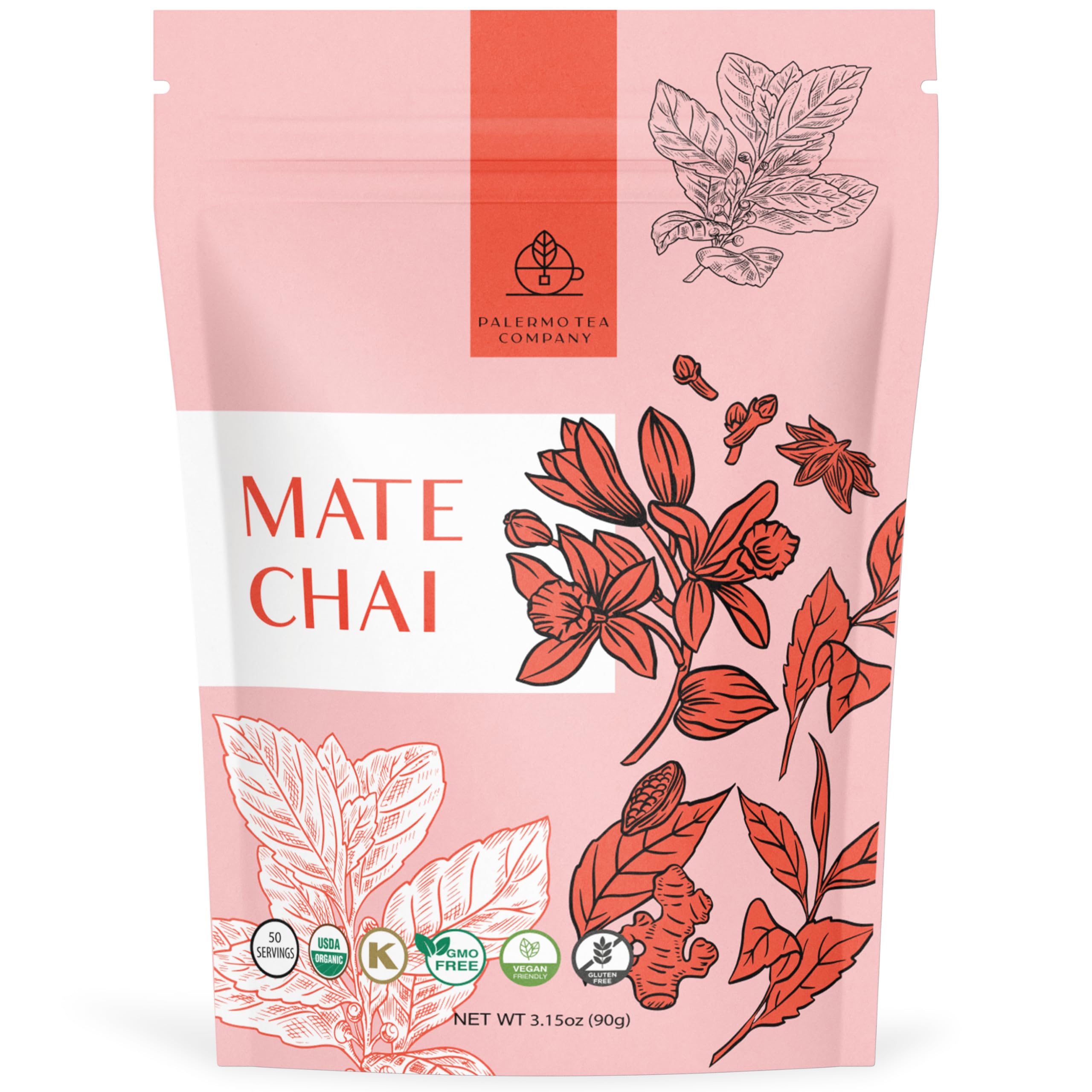 Palermo Organic Yerba Mate Tea Bags 50 Count - Energizing Mate Chai Infused with Turmeric, Ginger & Black Pepper, Rich Antioxidants, Spicy Aroma, Unsmoked, Vegan, Gluten-Free, Authentic Chai FlavorUSDA Organic