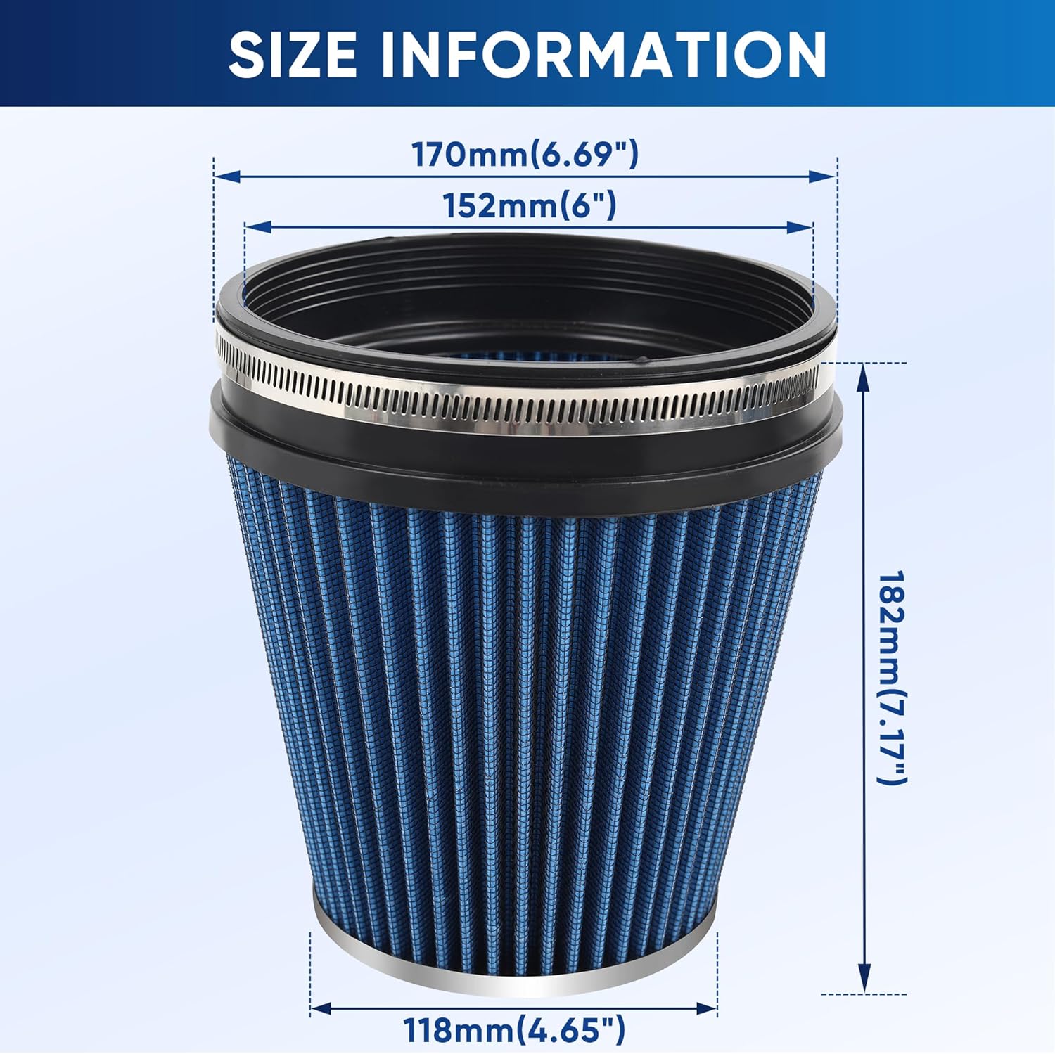 Blue Cold Air Intake Filter Clamp-On Replacement High Flow Inlet Air Filter High Performance Washable Cone Filter Blue