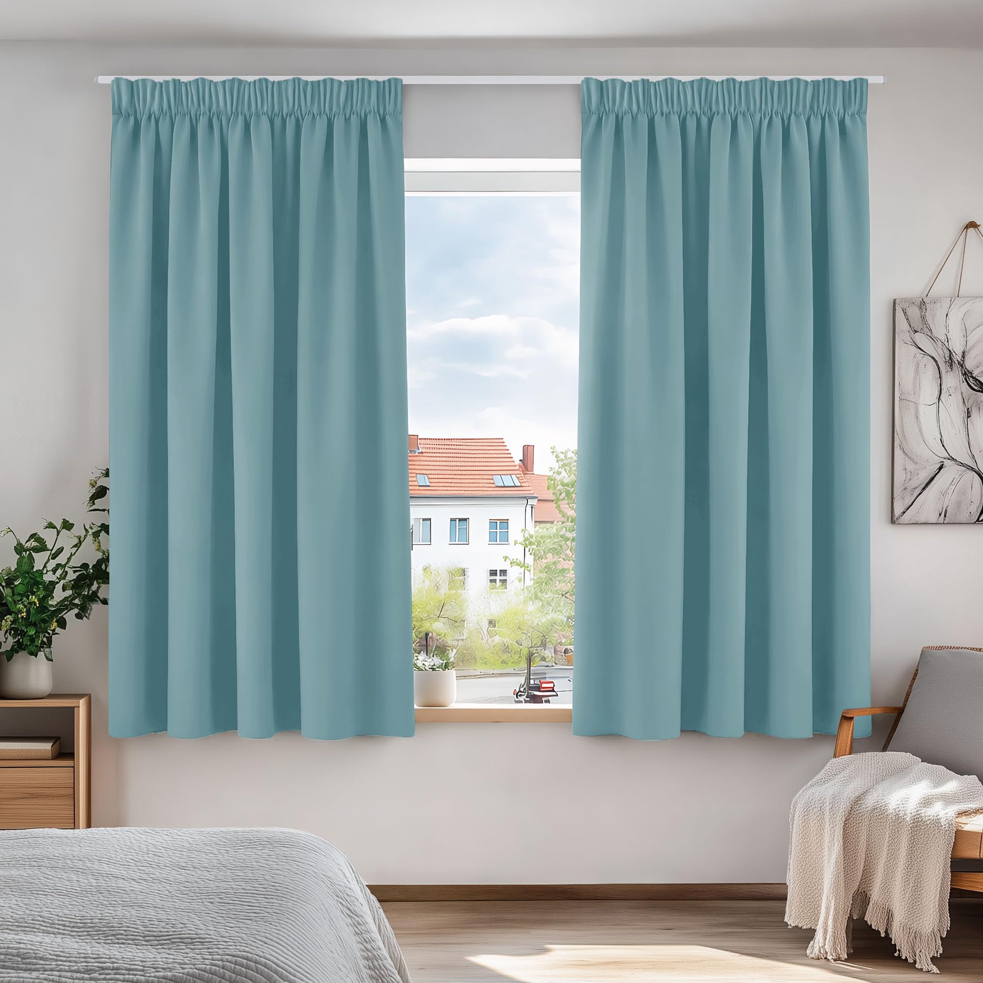 Deconovo Blackout Curtains Super Soft Thermal Insulated Energy Saving Pencil Pleat Blackout Curtains for Bedroom 52x54 Inch Sky Blue 2 Panels