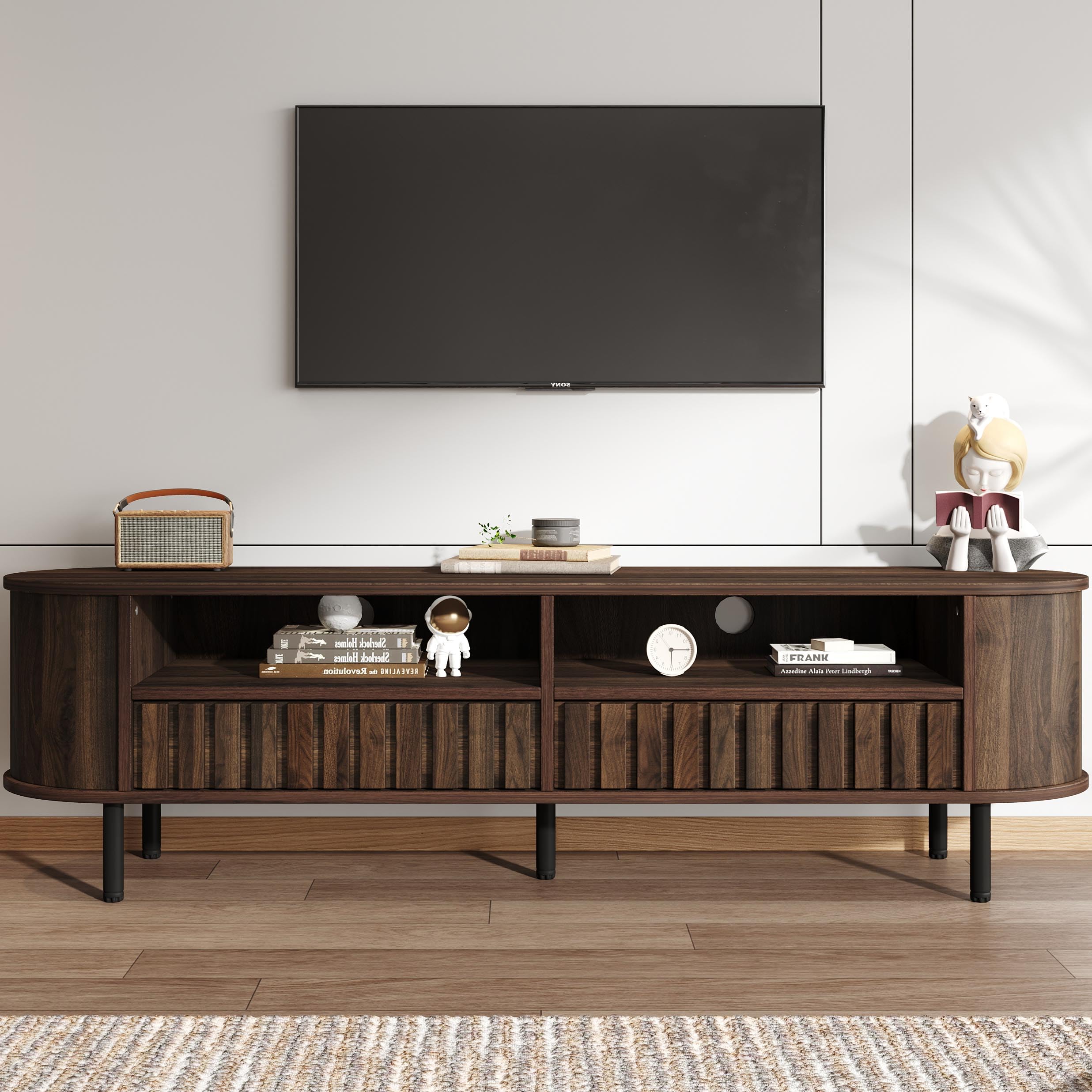 Fernsehschrank für 65 Zoll TV, Lowboard mit Schubladen & 5 Metallbeinen, Wohnzimmermöbel in Walnuss-Optik mit Stauraum, 160 x 40 cm, MDF, modern & stabil
