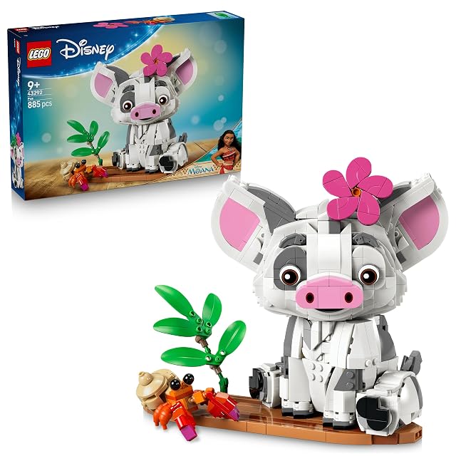 LEGO | Disney Vaiana Pua – Figura Animal de Cerdo de Juguete con Flor, Cangrejo y Barco – Decoración del Dormitorio Infantil – Idea de Regalo para Niñas de 9+ Años y Fans de la Película – 43292