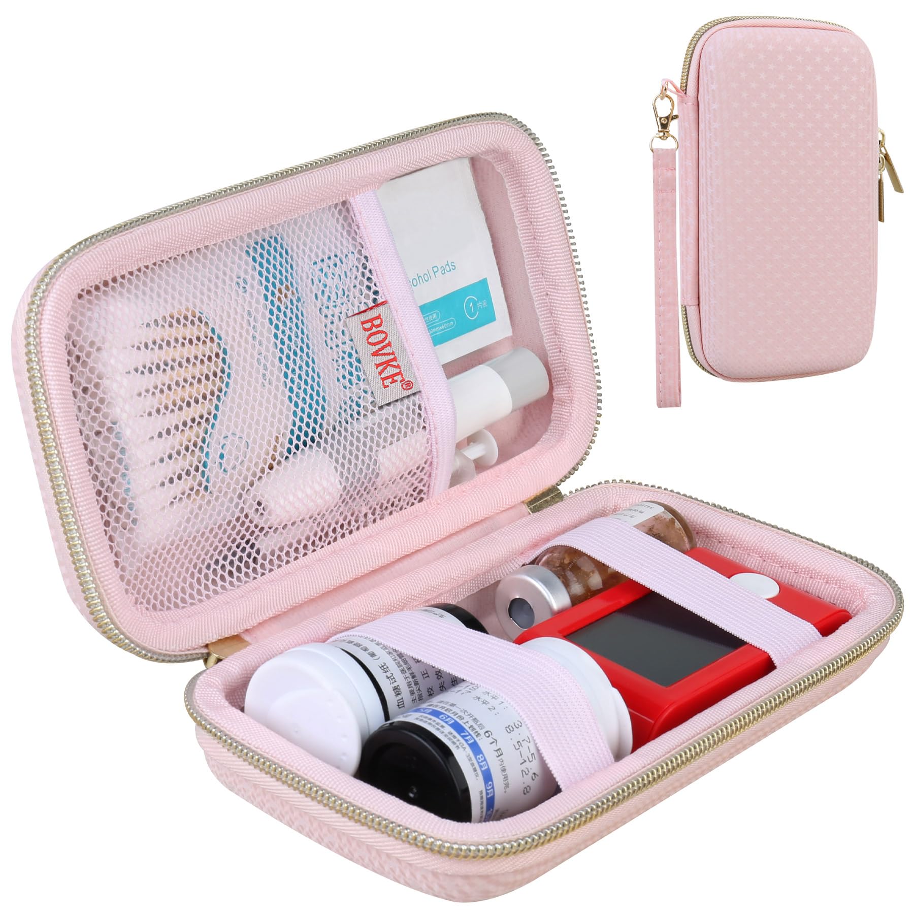 BOVKE Diabetic Supplies Travel Case, Storage Carrying Bag for Diabetes Testing Kit, Blood Glucose Monitor Meters, Test Strips, Medication, Lancets, Needles, Syringes and Diabetic Supplies, Pink Star